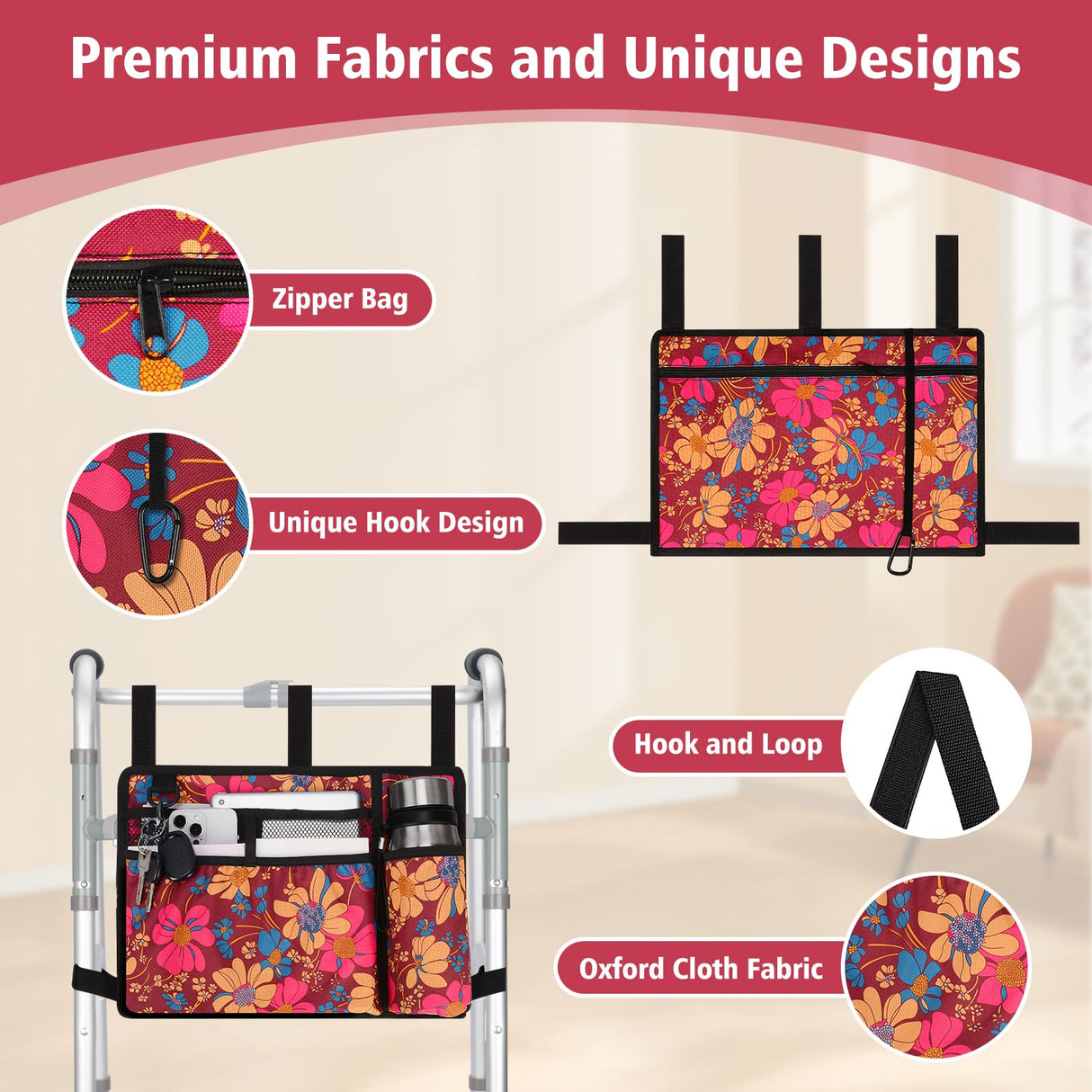 supregear Accessories Bag for Walker, Wheelchair, Rollator - Walker Basket Bag w/Cup Holder - Seniors Caddy Attachment Pouch for Walkers, Water Resistant Large Capacity Carry Storage Carrier Tote