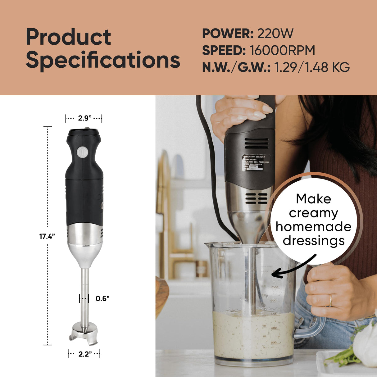 TK Tartle Kitchen Handheld Immersion Blender 220W - 7” Stainless Steel with 8 Speeds - 110V + 1-Yr Coverage and 24/7 Pro Chef Support