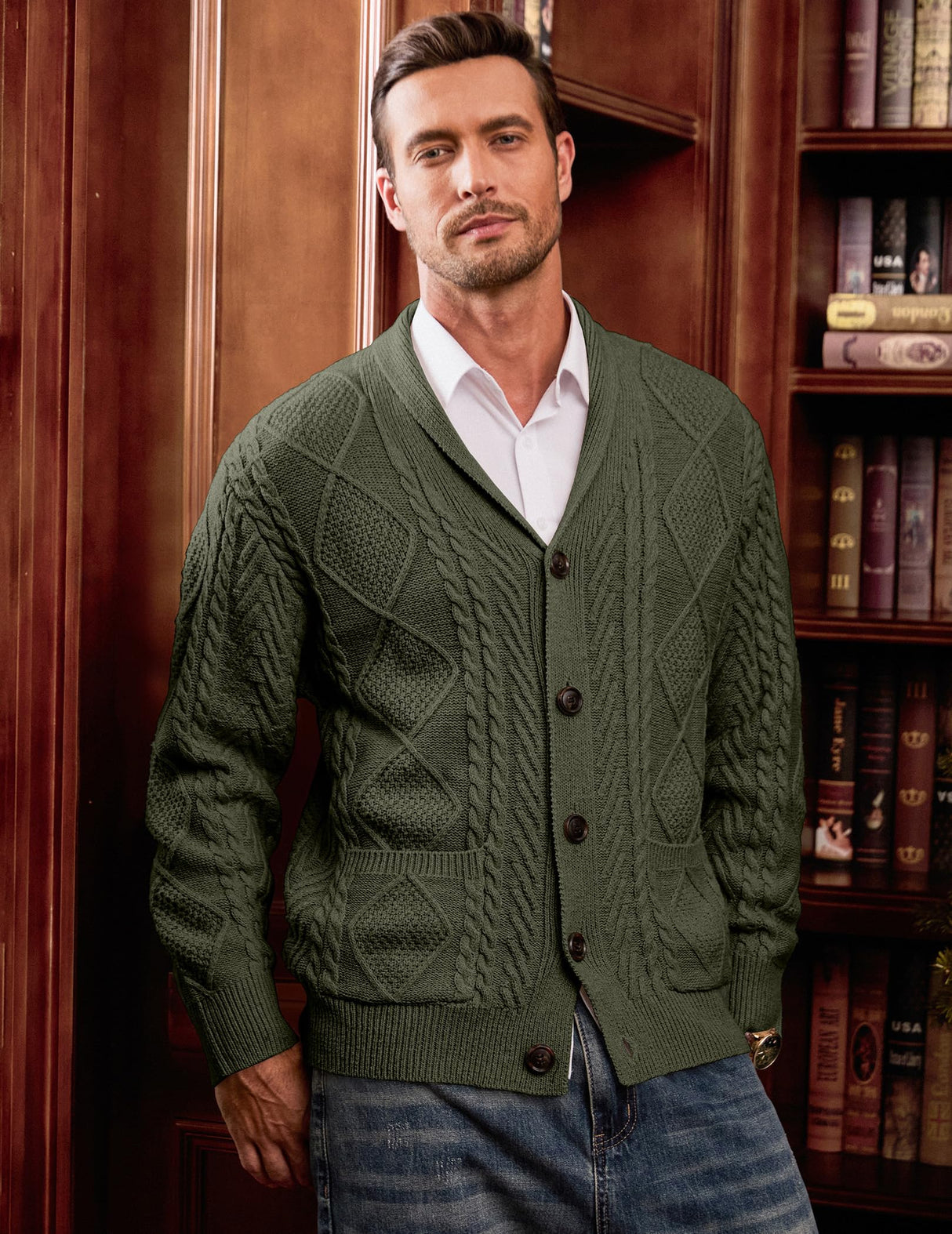 JMIERR Cardigan Sweaters for Men Fall Fashion 2025 Casual Long Sleeve Shawl Collar Button-Down Wool Blend Cable Knit Essentials Fisherman Christmas Sweater with Pockets,L,Green