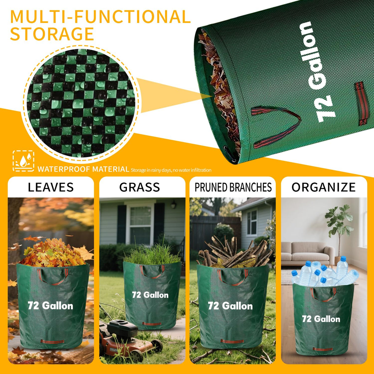 Reusable Yard Waste Bags - 3 Pack, 72 Gallon Lawn Bags with Reinforced Handles, Ideal for Grass, Leaves, and Yard Waste - Durable and Garden Waste Bags, Collapsible Lawn Leaf Bag, Leaf Bag Stand Up.