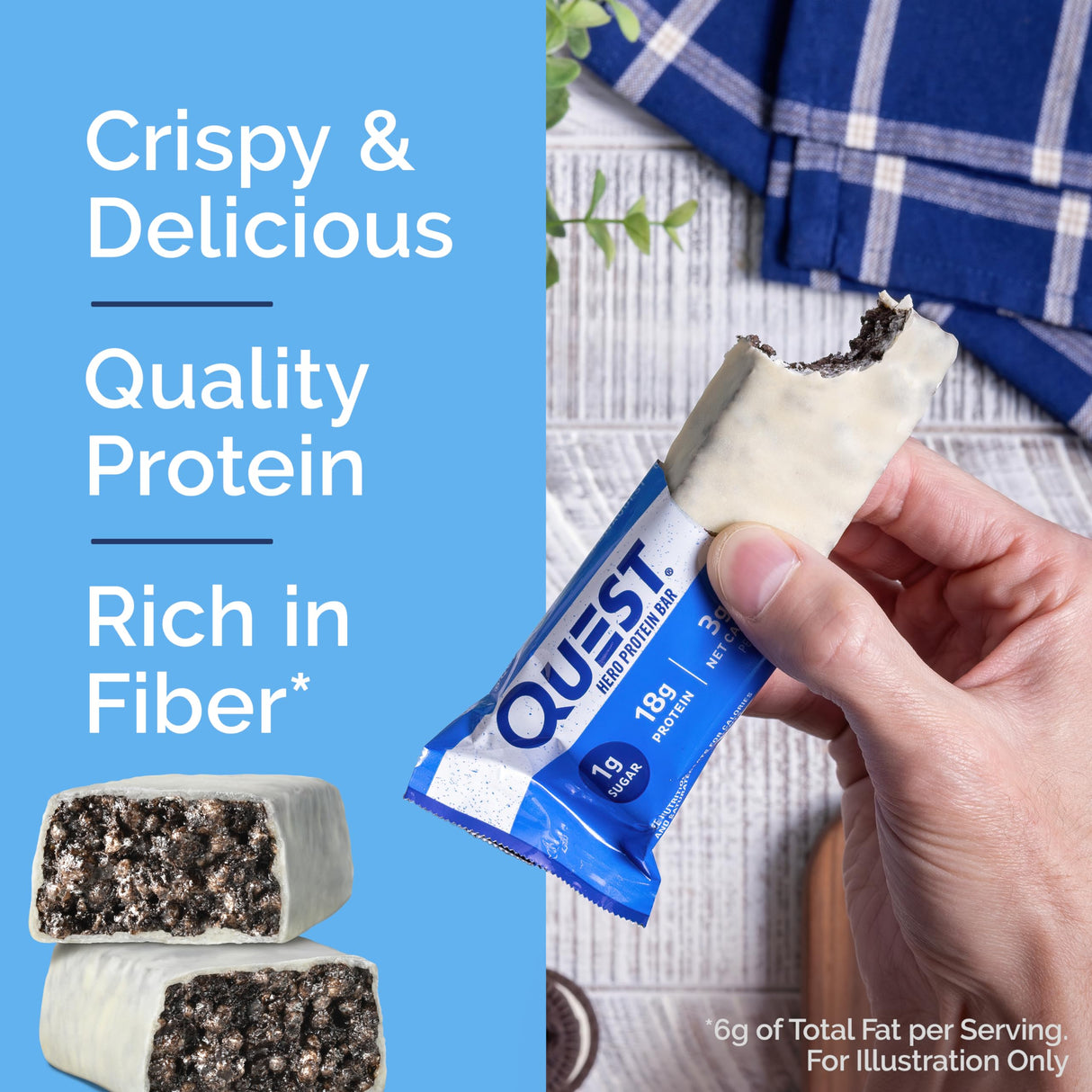 Quest Nutrition Crispy Cookies & Cream Hero Protein Bar, 18g Protein, 1g Sugar, 3g Net Carb, Gluten Free Protein Snack, Keto Friendly, 12 Count