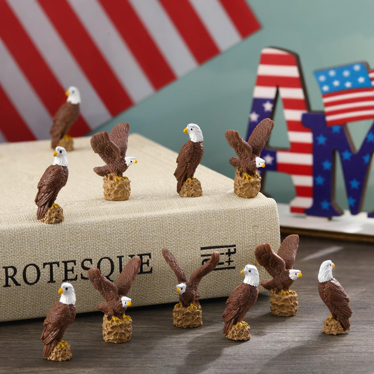 Soulchen 50 Pcs Patriotic Mini Resin Bald Eagle 250th Anniversary Figurines Tiny Resin Animals Eagle Statue for Veterans Day Miniature Garden Office Home Cake Topper Decor Gift (Mixed Style)