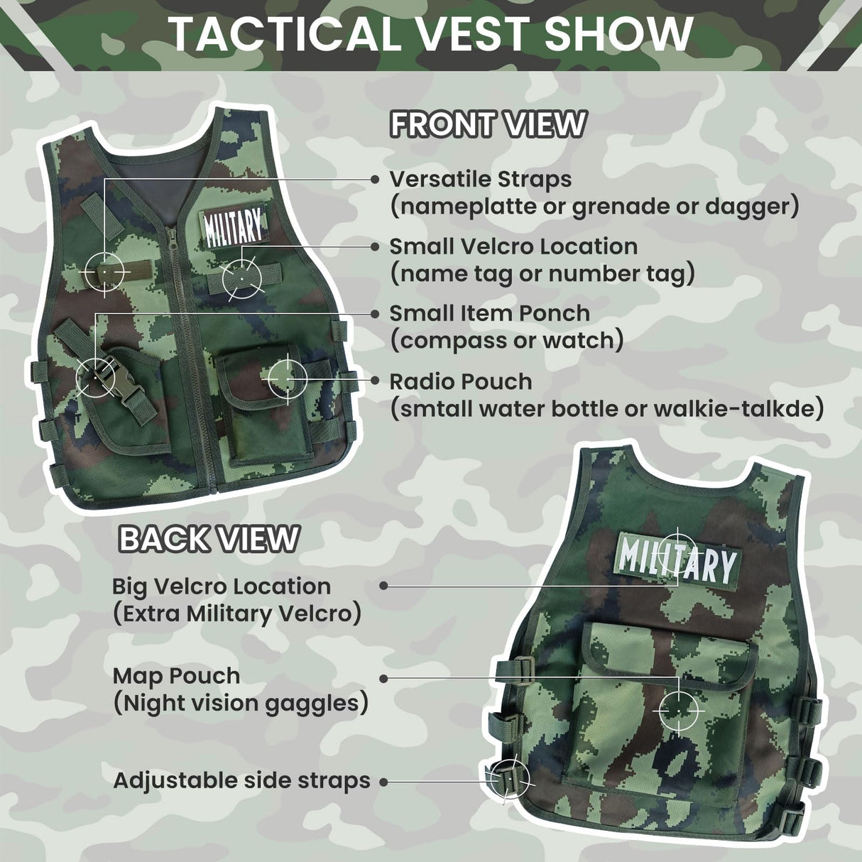 20 Piece Army Costume for Kids, Soldier Military Dress up for Boys 3-10, Kids Army Gear Role Play, Halloween Costume Camouflage Set with Vest, Camo Gloves, Helmet, Halloween Christmas Gift for Kids