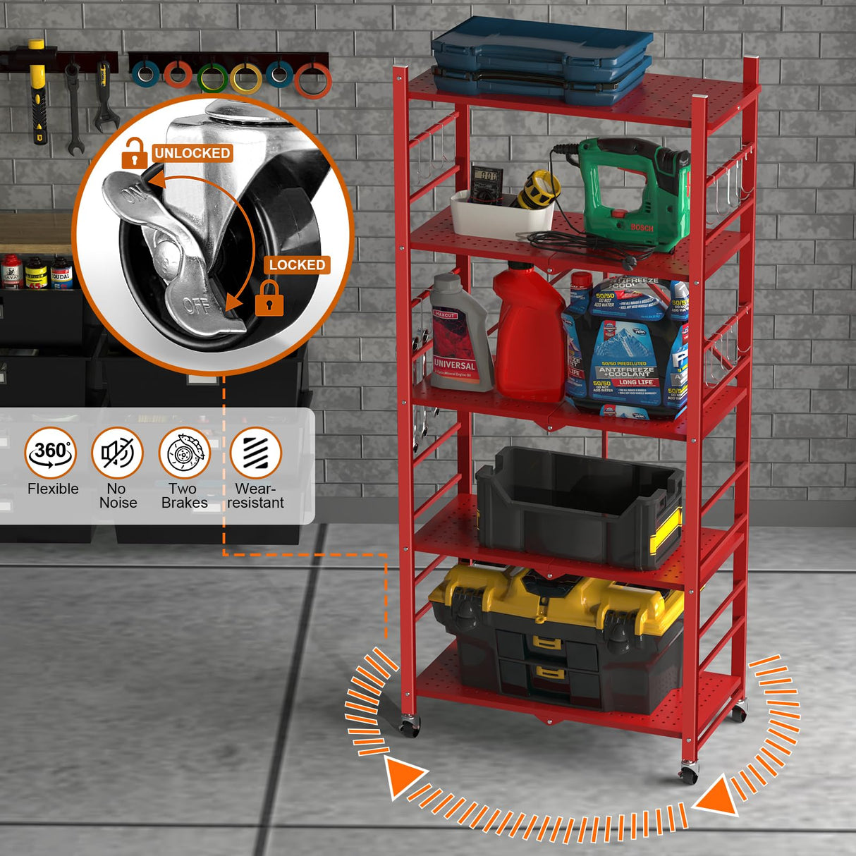 Storage Shelves with 20 Hooks, 5-Tier Foldable Shelves for Storage, Folding Utility Shelf Unit Pantry Shelf with Wheels, Metal Shelving Unit Rack for Garage Christmas Room, Red - No Assembly