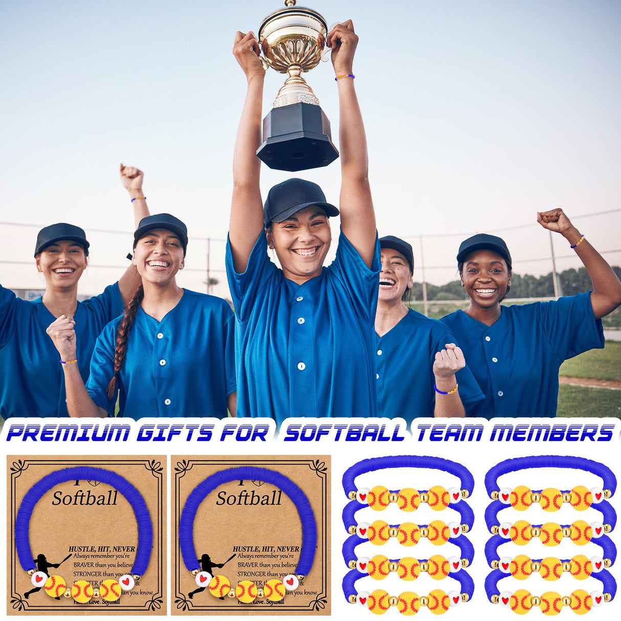Ecation 20 Set Softball Bracelets Team Gift Bulk Softball Senior Night Adjustable Bead Ball Charm Bracelet with Inspirational Card for Sport Team Sport Lovers Player Gifts Birthday Party(Blue)