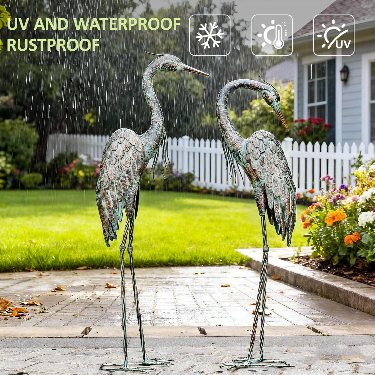 Kircust Garden Crane Statues, Standing Metal Patina Heron Decoy Weather-Resistant and Rustless Outdoor Statue, 42-46 Inch Bird Yard Art for Patio Lawn Pond, Set of 2