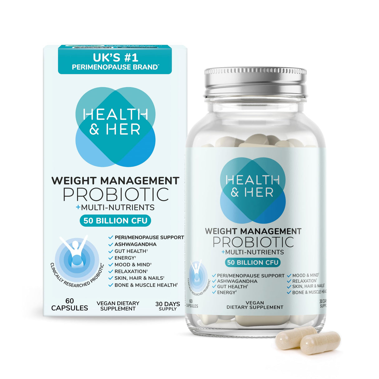 Health & Her Weight Management Probiotics for Women - Perimenopause & Menopause Supplement - Clinically Studied 50bn CFU Probiotics to Support Gut Health, Energy, Mood & Mind, Vegan (60 ct - 1 Month)