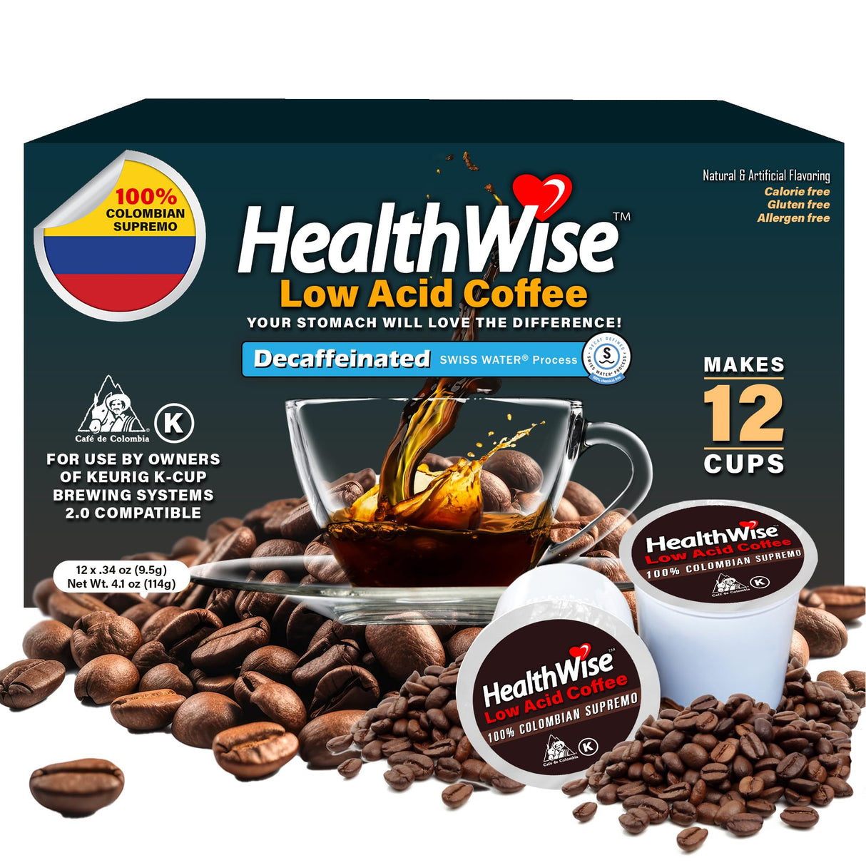 HealthWise Low Acid Unflavored Decaf, Chemical Free SW Process, 99.9% Caffeine Free, Medium Roast - 12 count (Pack of 1)