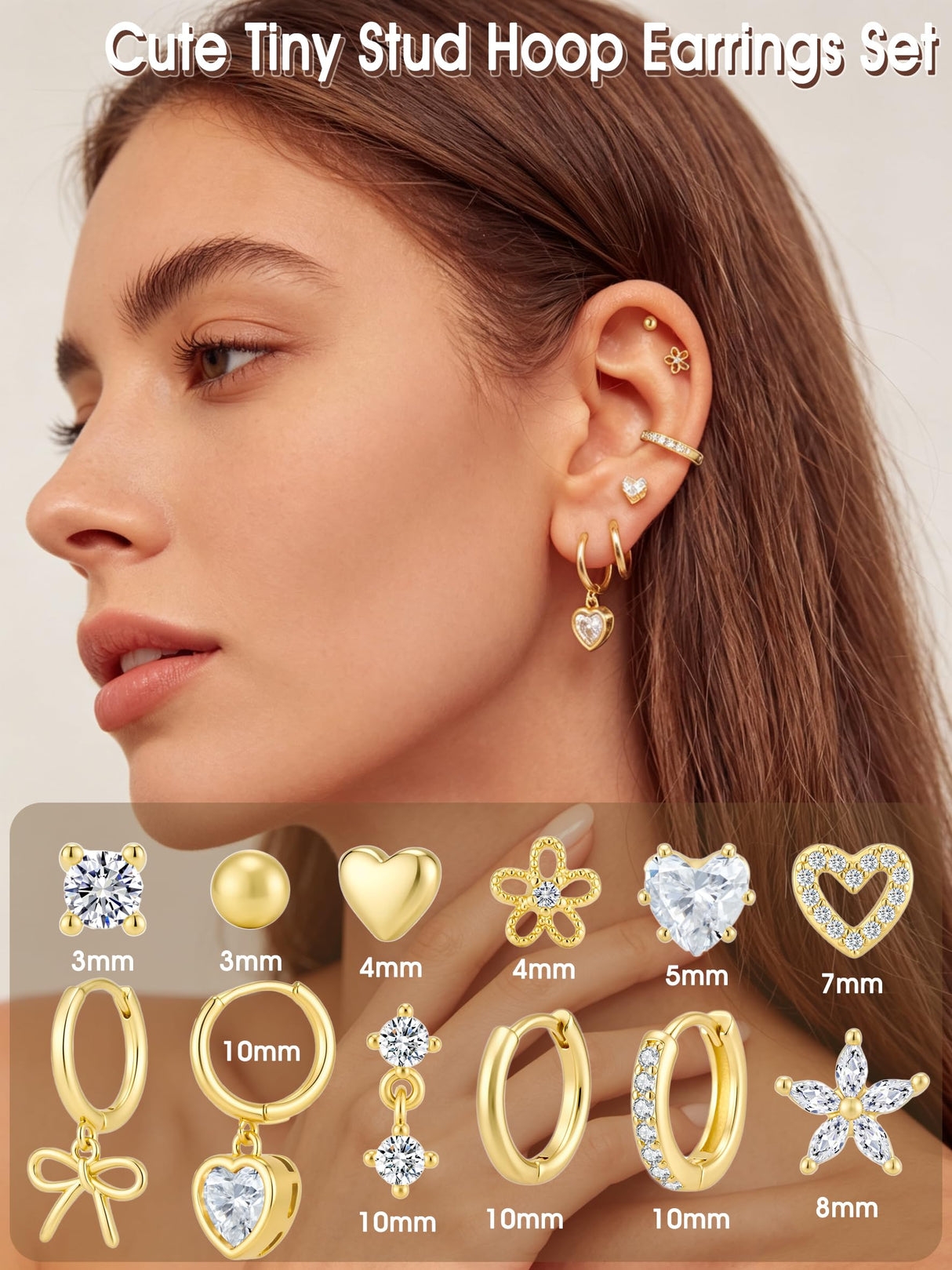 PARIVEA 12 Pairs Small Stud Hoop Earrings Set for Women - 14K Gold Plated Huggie Hoops Hypoallergenic Earring Cute Dainty Flower Heart Stud Earrings for Jewelry Gift, GOLD