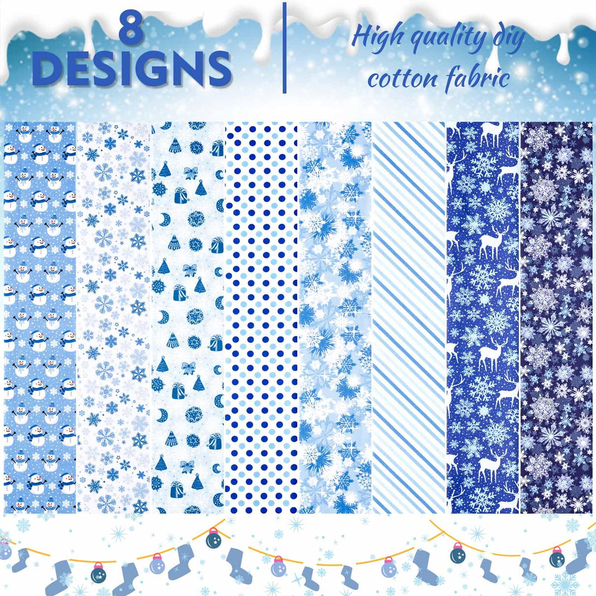 40 Pcs Winter Christmas Snowflakes Cotton Jelly Fabric Strips Blue and White Snowflake Reindeer Patchwork Strips for Quilting Crafting Snowman Precut Patchwork for Sewing DIY Crafts