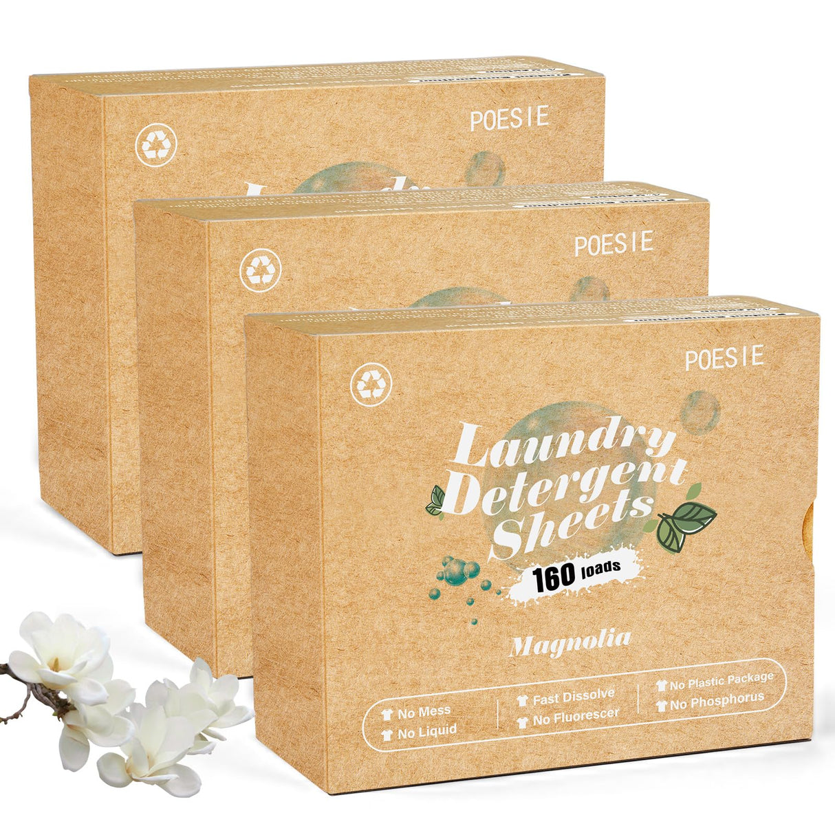 Poesie Laundry Detergent Sheets Magnolia Scent 3 Pack 480 Strips Liquid Less Effective Cleaning Zero Waste for All Washing Machine Traveling Dorm Life Save Space