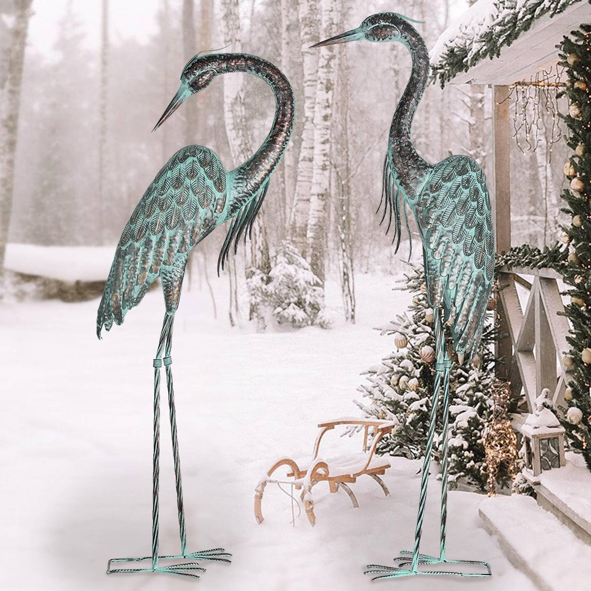 Kircust Garden Crane Statues, Standing Metal Patina Heron Decoy Weather-Resistant and Rustless Outdoor Statue, 42-46 Inch Bird Yard Art for Patio Lawn Pond, Set of 2
