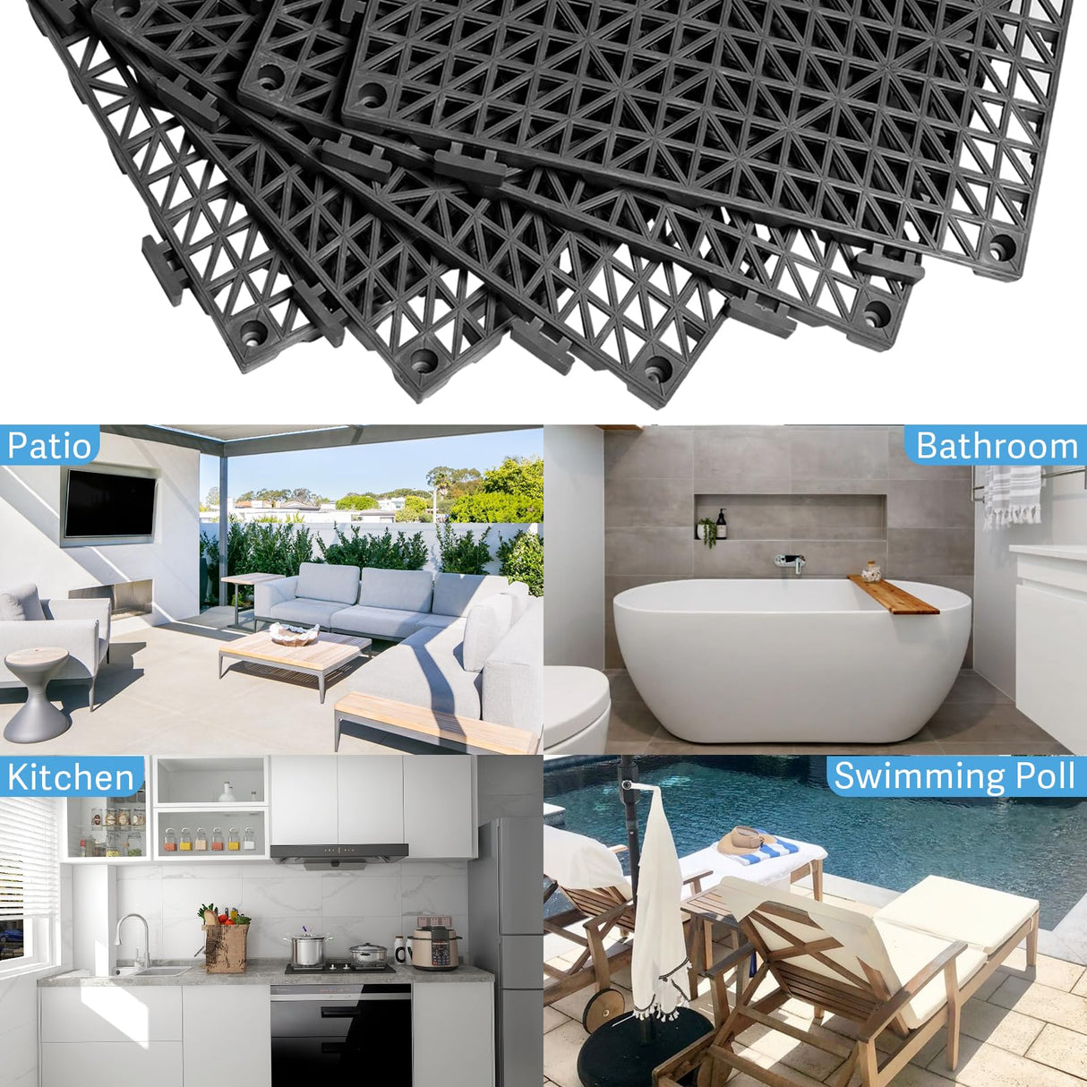 12” x 12” Drainage Interlocking Floor Tiles, 12 Pack Non-Slip Pool Deck Drain Mats for Flooring, Soft PVC Splicing Modular Cushion Mats, Rubber Floor Tiles with Holes for Shower Basement Garage Shed
