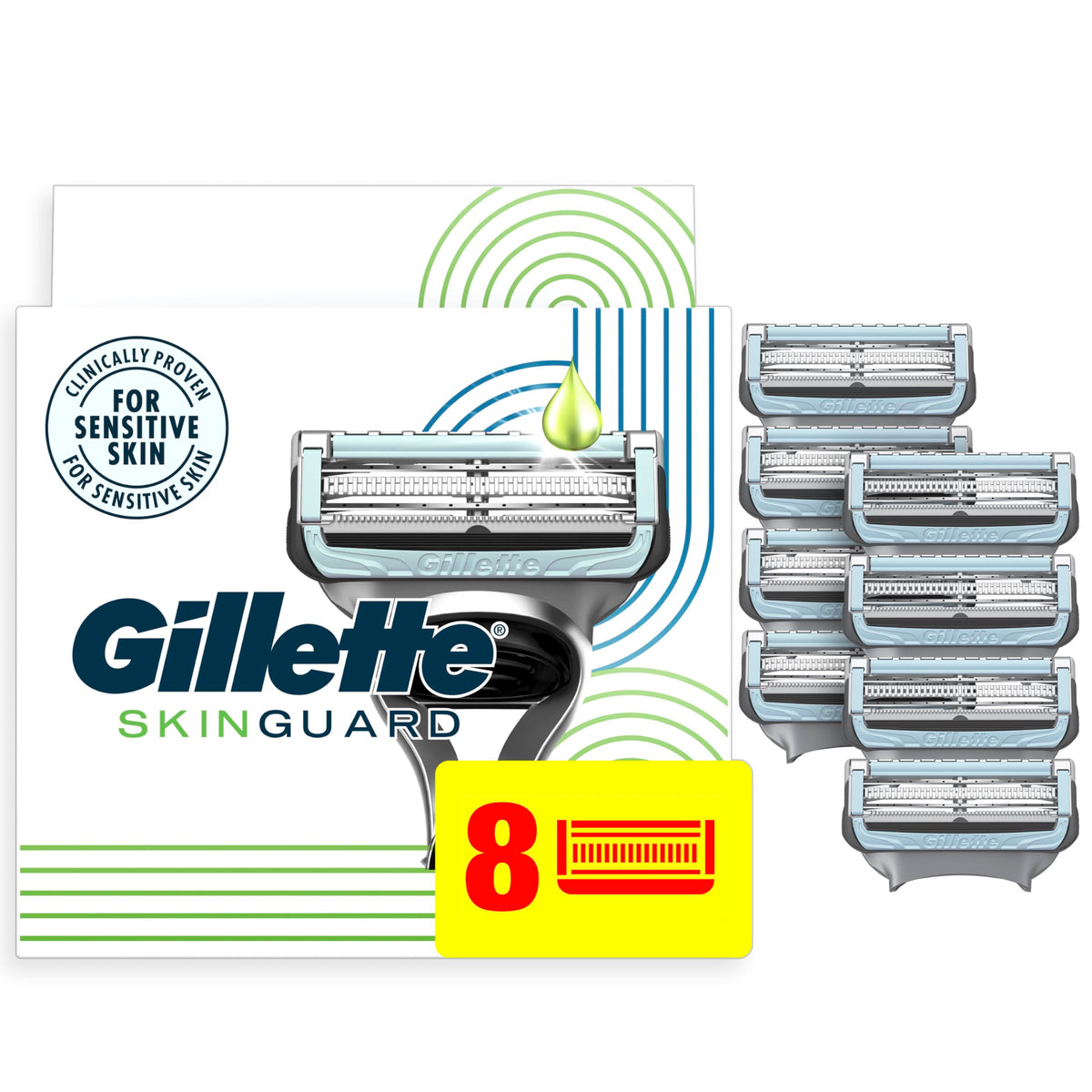Gillette SkinGuard Razor Blade Refills for Men, 2 Blade Cartridge, SkinGuard for Sensitive Skin, Lubrication, Fits SkinGuard Razor Handles, 8 Count