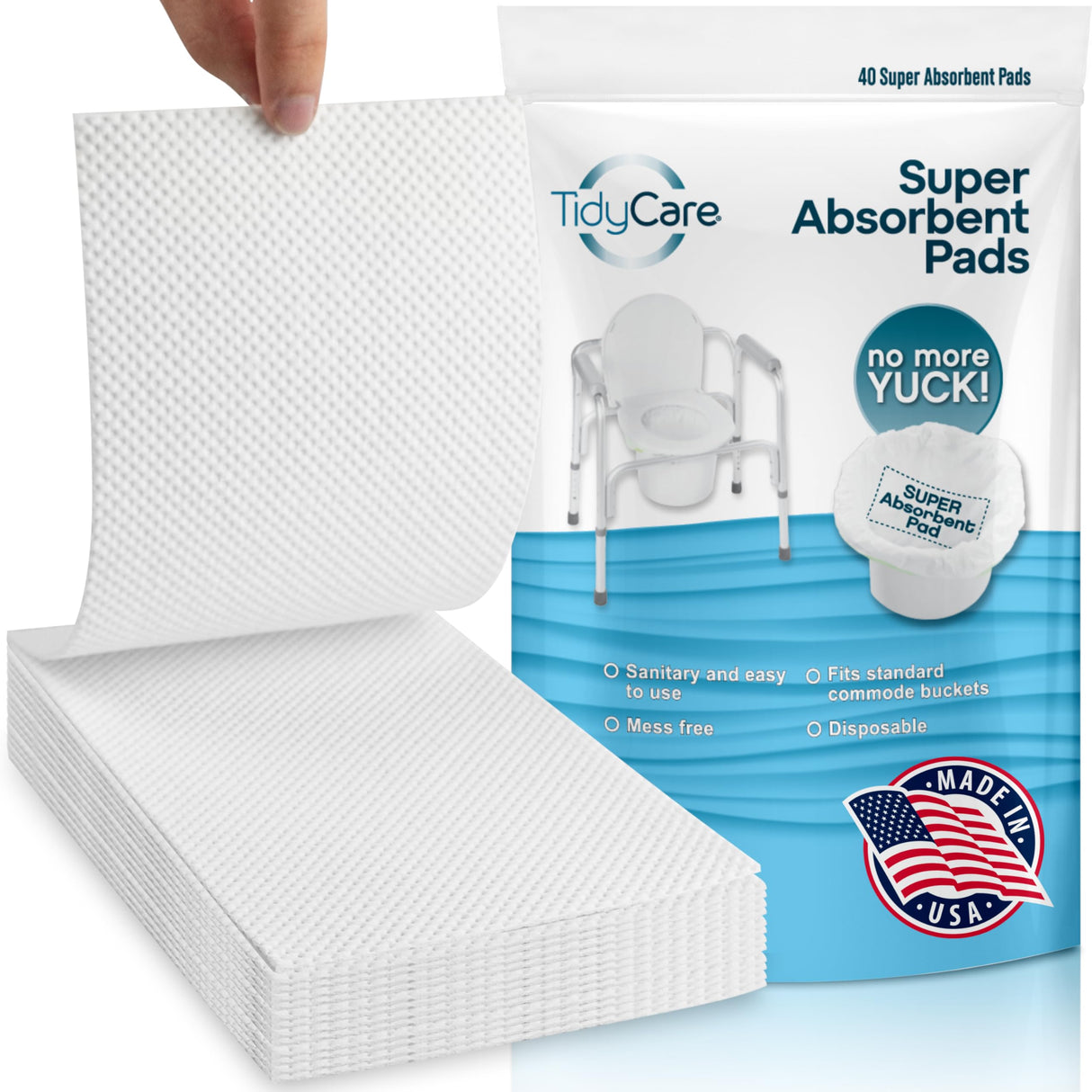 TidyCare Bedside Commode Absorbent Pads for Portable Toilet Chair Bucket and Bedpan | Value Pack of 40 Disposable Commode Pads for Adults in Medical Care | Universal Fit