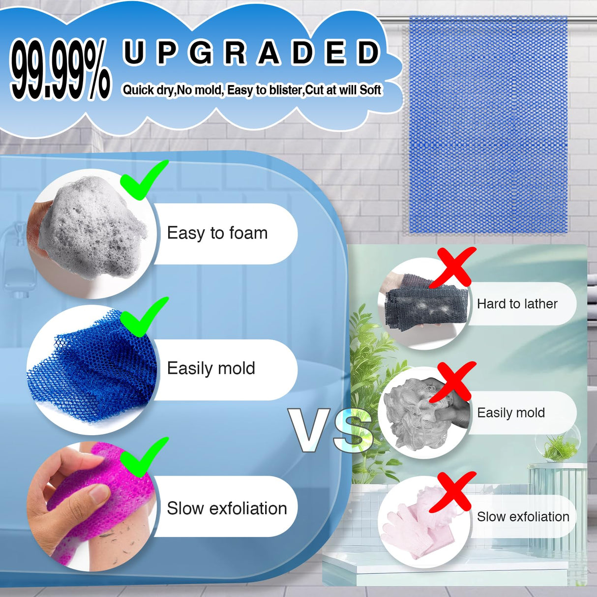 African Net Sponge Exfoliating Body Scrubber - 4 Pieces Long Bath Sponge for Shower, Back Cleanser Smoother, Natural Exfoliation, Gentle for Sensitive Skin, Daily Use(Brown, Blue, Purple,Grey)