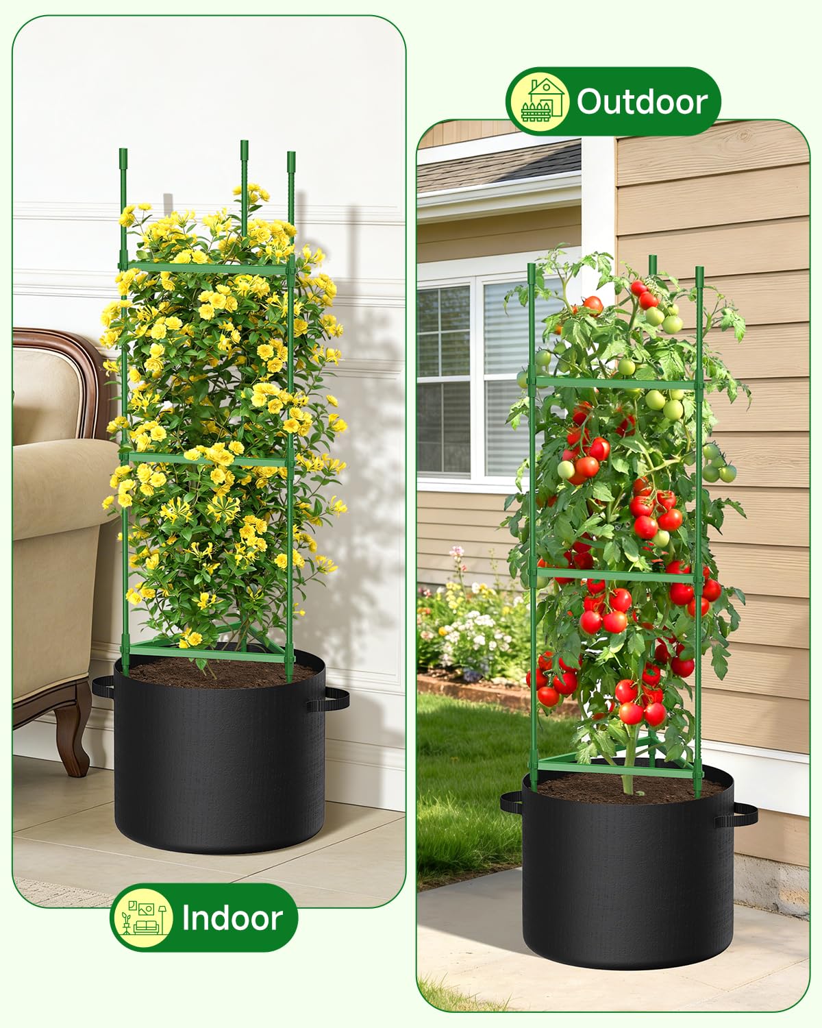 MQJIAZHI 4 Pack Tomato Trellis Cages 55 Inch Height, with 17 Gallon Square Grow Bags, Heavy Duty Tomato Plant Support Stakes for Outdoor Garden Climbing Vegetables Fruits Flowers