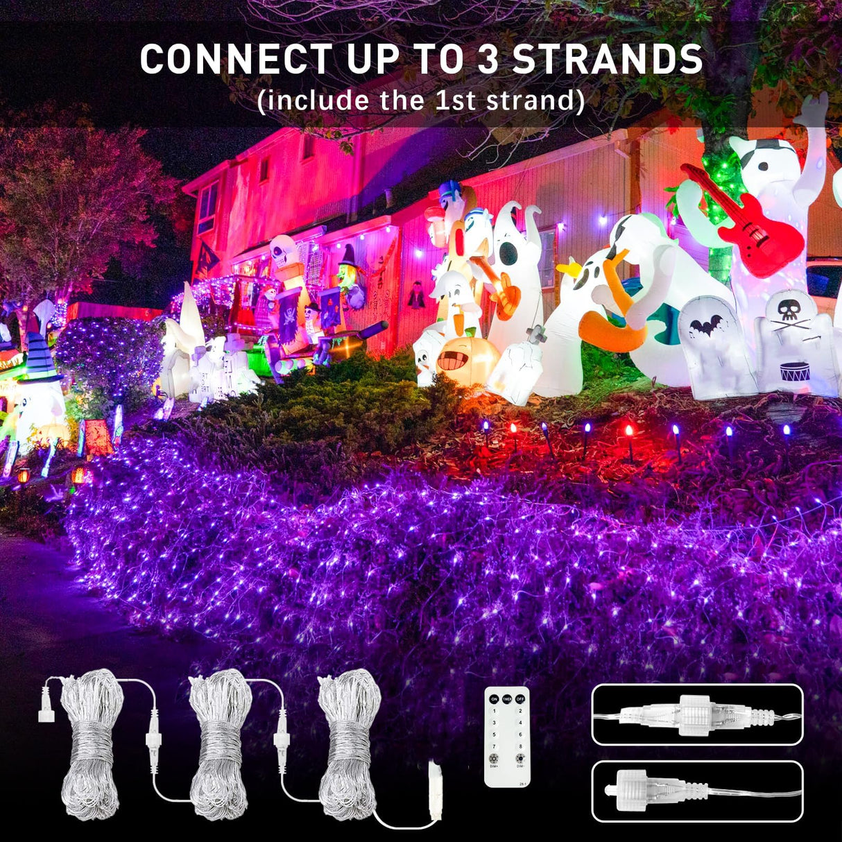 JMEXSUSS 360 LED Purple Halloween Lights - Plug in, Outdoor Waterproof, 12 ft x 5 ft Purple Net Lights with Remote for Halloween & Christmas Bush