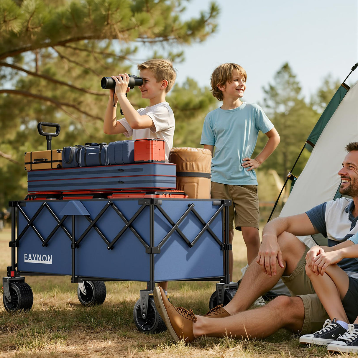46" L Collapsible Foldable Extended Wagon, 500LB Weight Capacity with 280L Heavy Duty Folding Cart,Utility Wagon with All-Terrain Beach Wheel & Drink Holders,Blue
