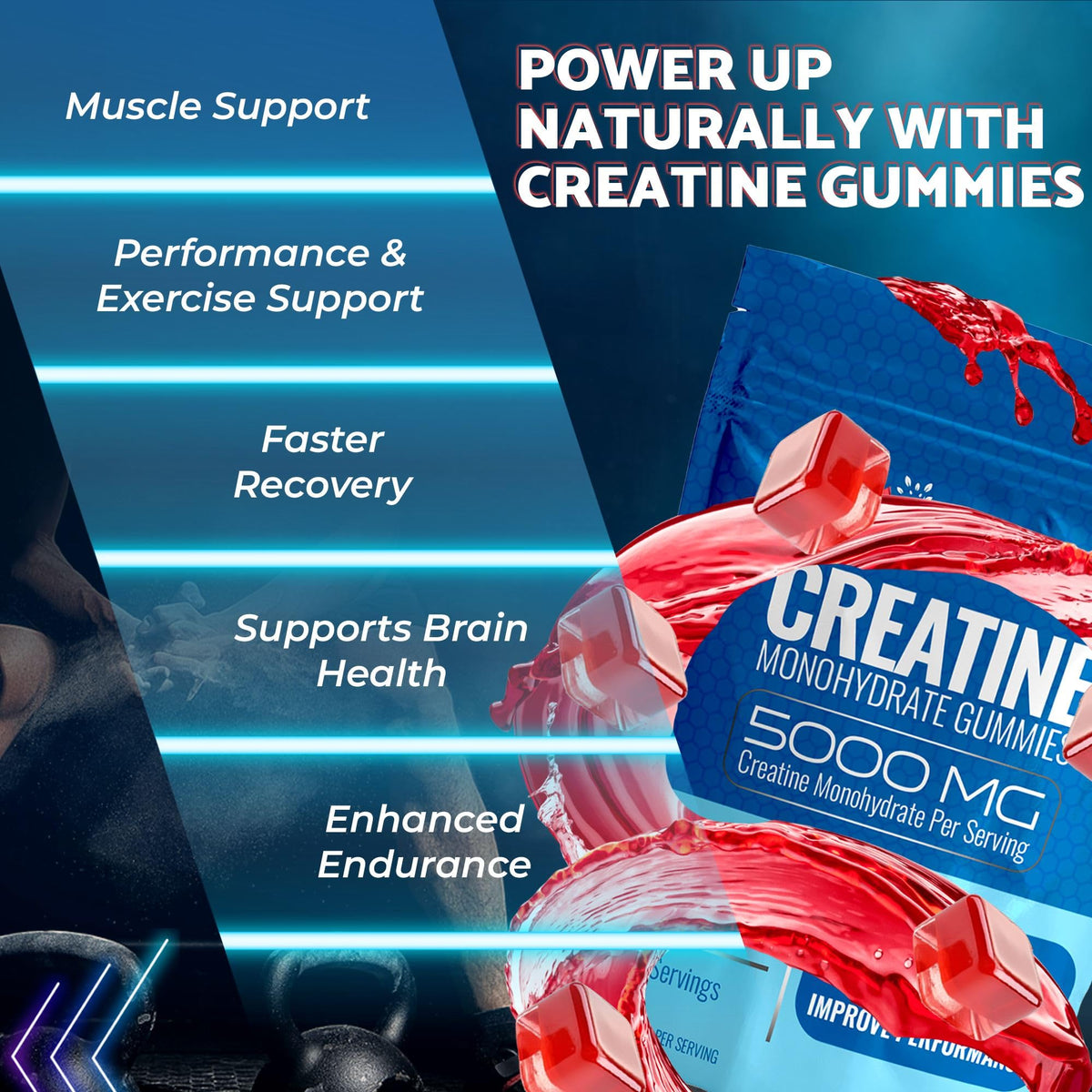 Creatine Gummies for Women & Men, Creatine Monohydrate Gummies, Strawberry