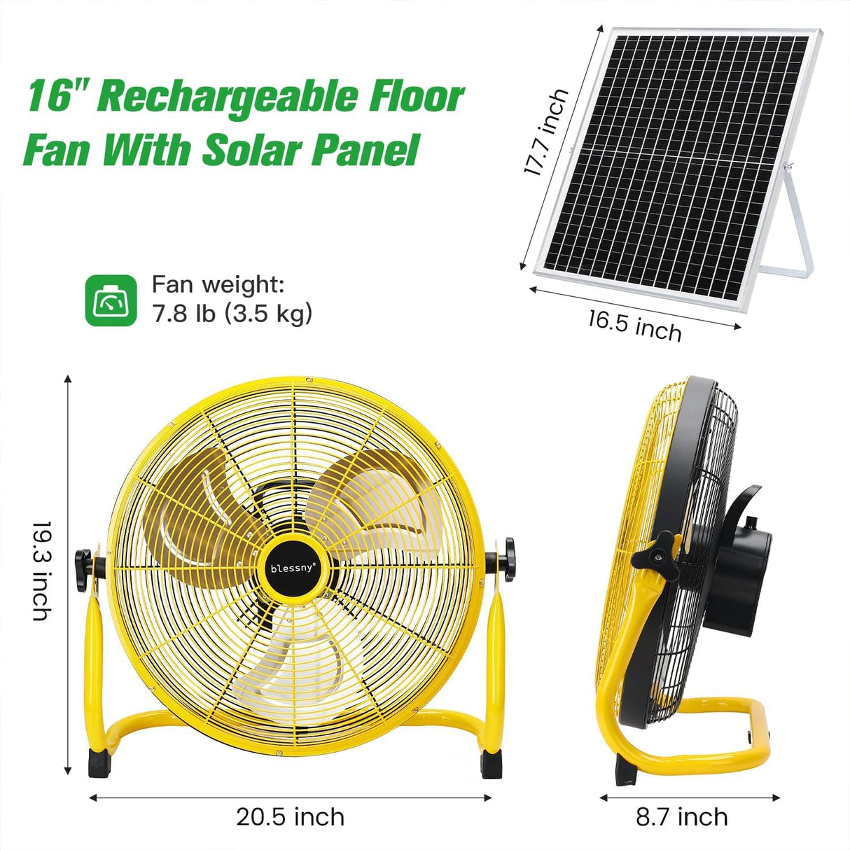 blessny 16" Large Solar Rechargeable Floor Fan with 35W Solar Panel for Home Outdoor Camping Gazebo Greenhouse Barn Poultry Pet House Cooling or Air Circulation, 23 Ft Long Cord