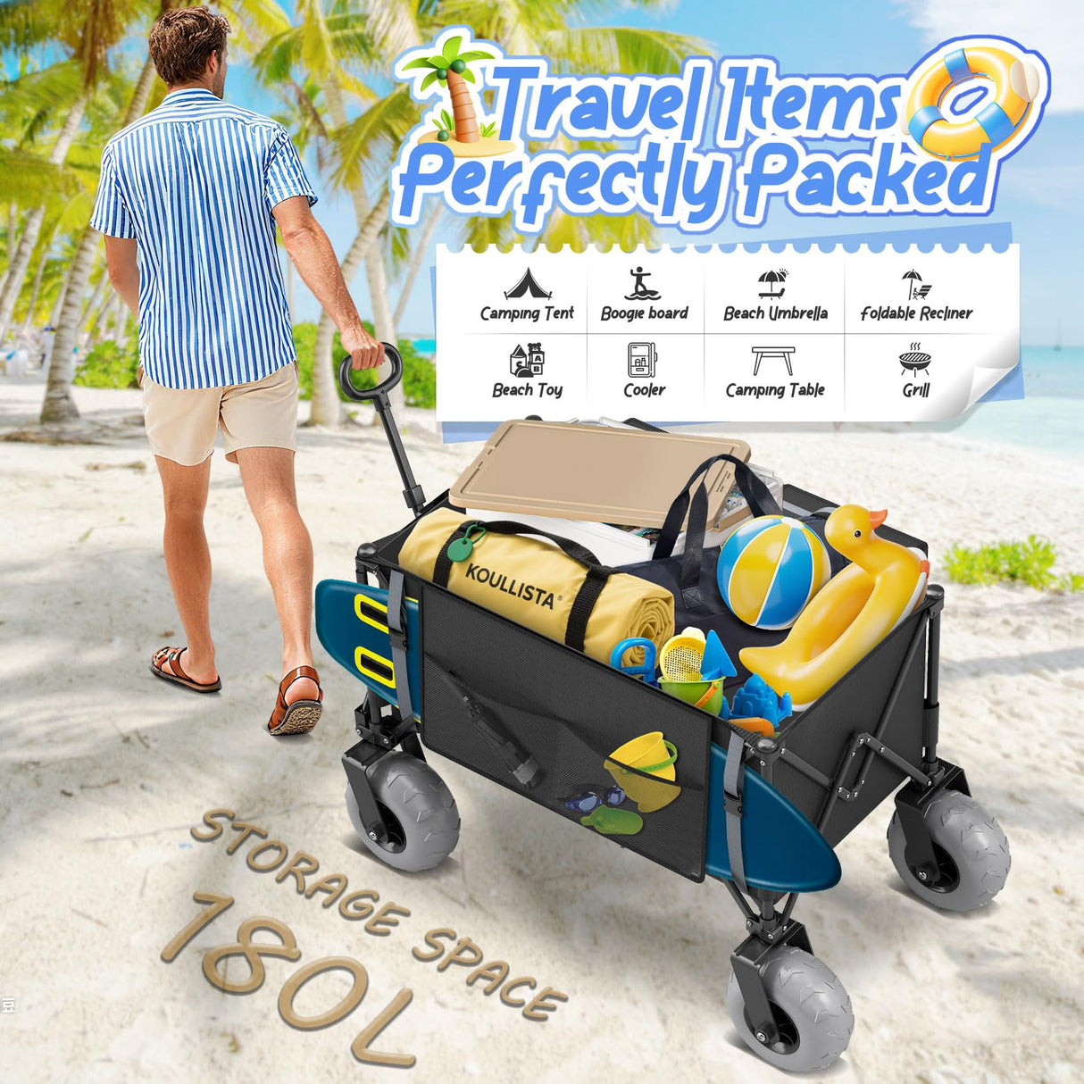 Beach Wagon with Big Wheels for Sand with 9" All Terrain Inflatable Tires