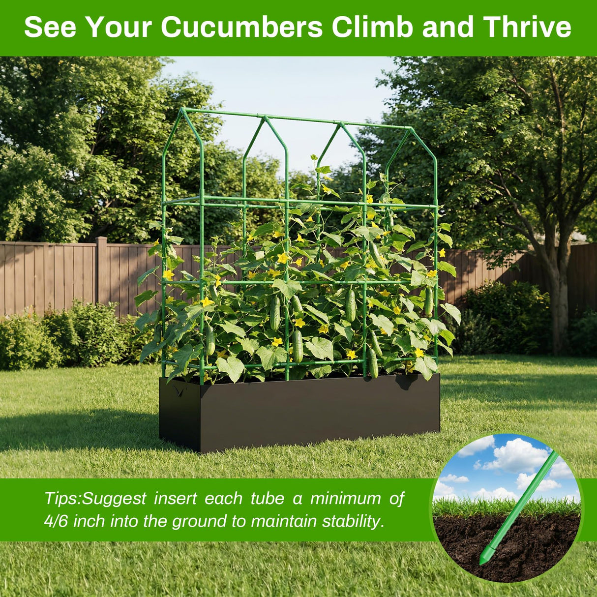 MQHUAYU Large Cucumber Trellis with Grow Bag, 65" Tall Metal Garden Trellis for Climbing Plants Outdoor, Reusable Cucumber Trellis for Raised Bed with Netting for Tomatoes, Peas, Grapes Plant Support