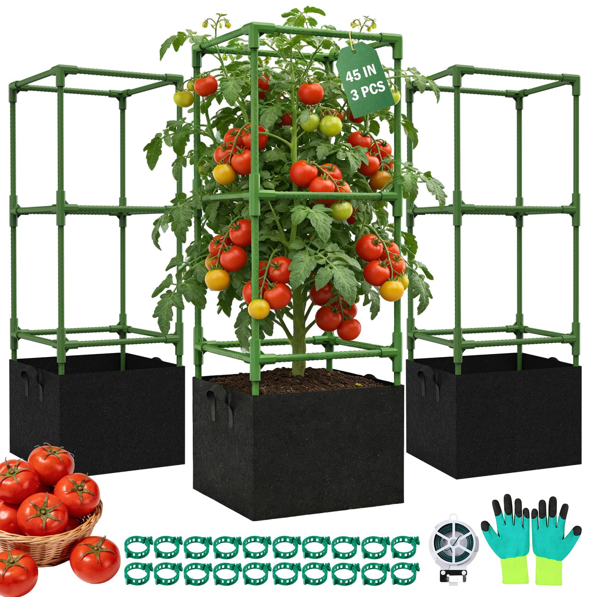 Uyittour 3 Pack Square Tomato Cages with Grow Bags, 45" Heavy Duty Square Tomato Trellis Plant Support for Raised Garden Bed Climbing Vegetables, Set with Garden Gloves, 20 Clips & 65FT Tie Wire