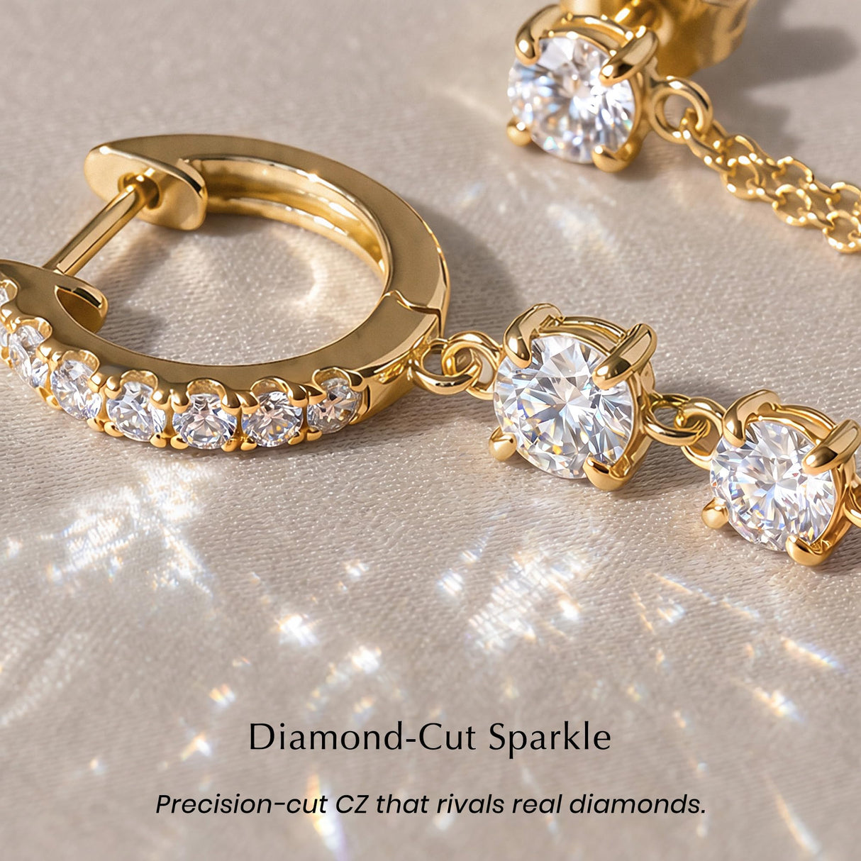 ASHINE Double Earrings for Two Holes 14K Gold Plated Linked Tennis