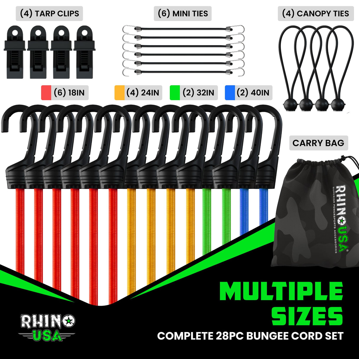 Rhino USA Bungee Cords with Hooks 28Pc Heavy Duty Outdoor Bungee Straps with Small, Short and Long Sizes - 4 Free Tarp Clips, Drawstring Bag, Canopy Ties & Ball Bungie - UV & Weather Resistant