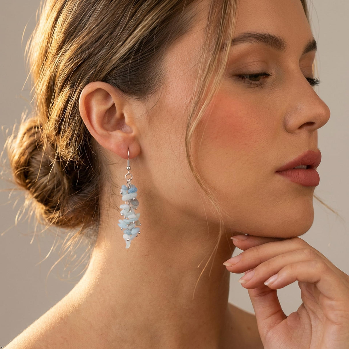 Nupuyai Natural Tumbled Chips Stone Healing Crystal Dangle Hook Earrings for Women, Aquamarine