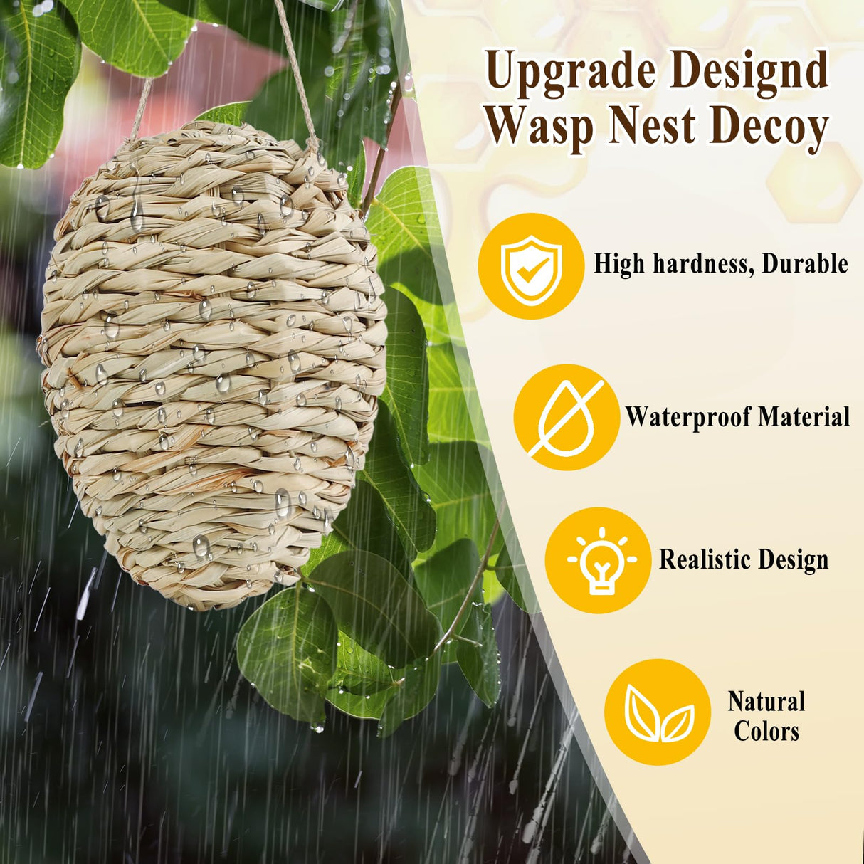 4 Pack Fake Wasp Nest Decoy, Woven Reed Wasp Hornet Decoys, Waterproof Faux Hornets Nest, Outdoor Hanging Decoration for Patio, Garden, Eaves