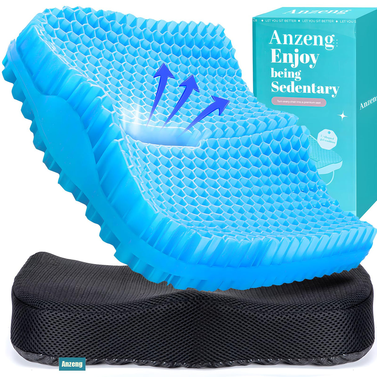 Anzeng Gel Seat Cushion for Long Sitting & Hip Pain Relief (Large Size) - Cooling 3D Cushions for Office Chair, Car, Wheelchair, Breathable & Non-Slip Cover with Pressure Relief Technology