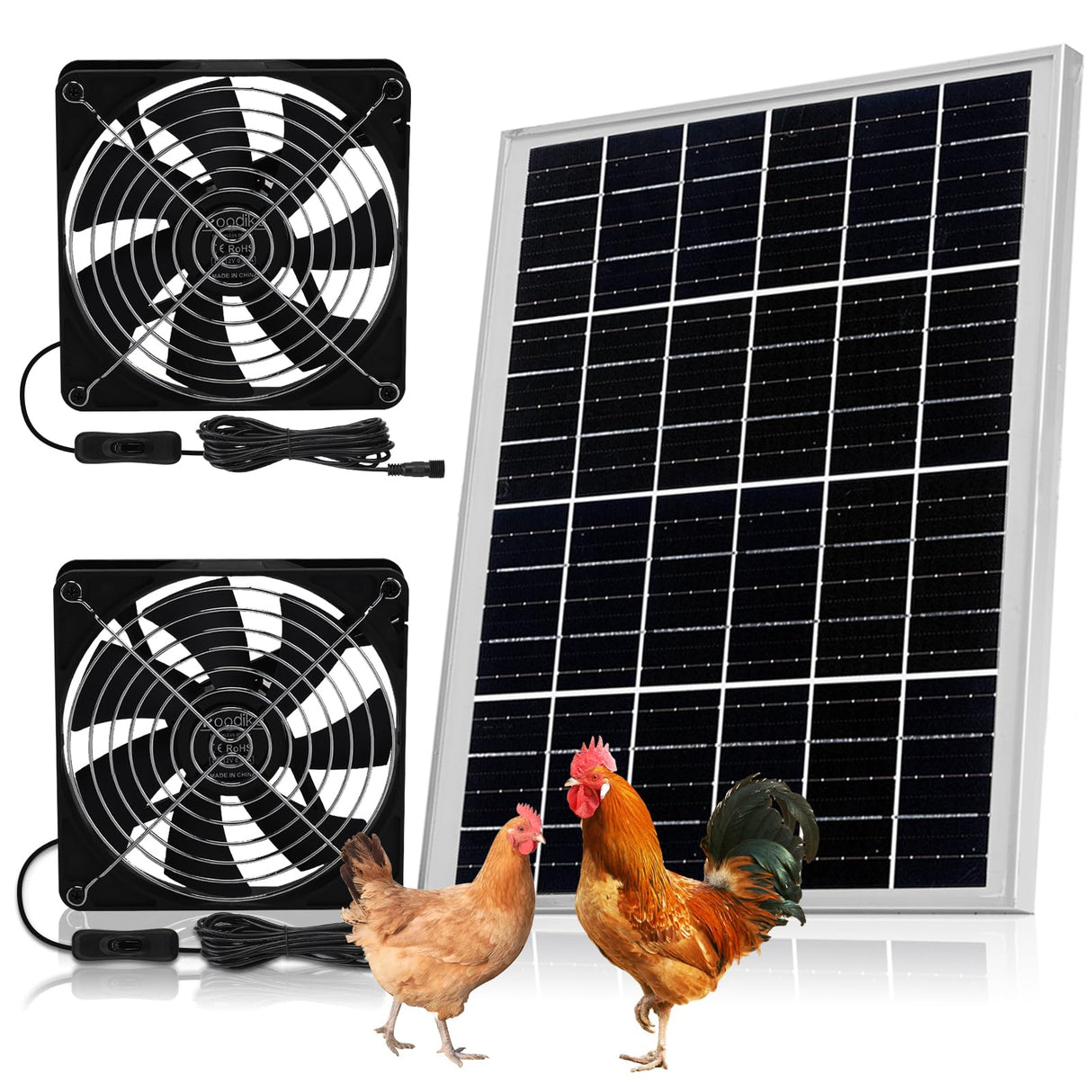 Roodike 5.5" Waterproofed Solar Powered 2 Fan Kits for Outdoor Chicken Coop, Greenhouse, Shed, Pet House Intake or Exhaust Air Circulation