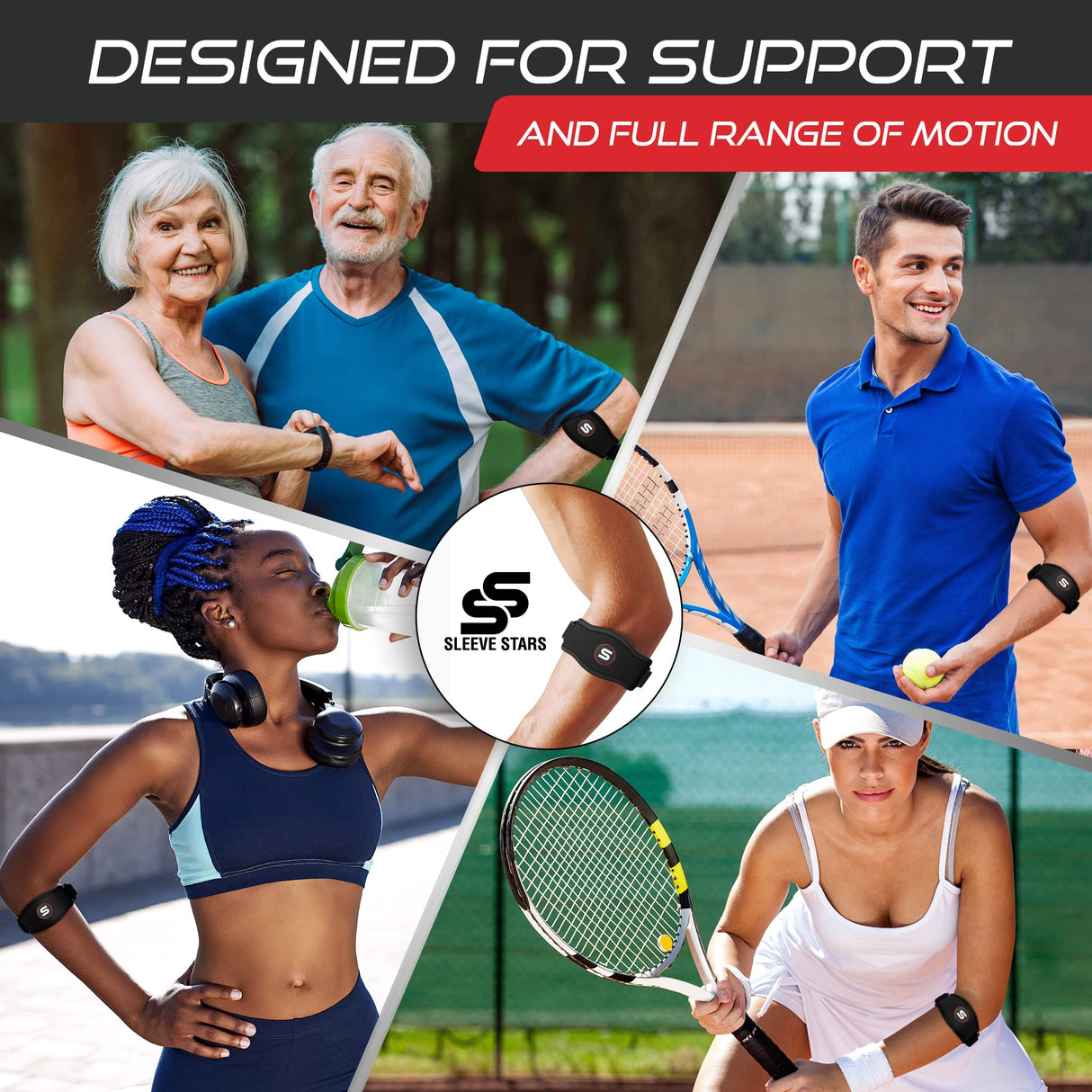 Sleeve Stars Tennis Elbow Brace for Women - Adjustable Tennis Elbow Strap, Golfers Elbow Brace for Men, Counterforce Brace for Tennis Elbow for Tendonitis Relief, Fits 9"-23" (Pair/Black)