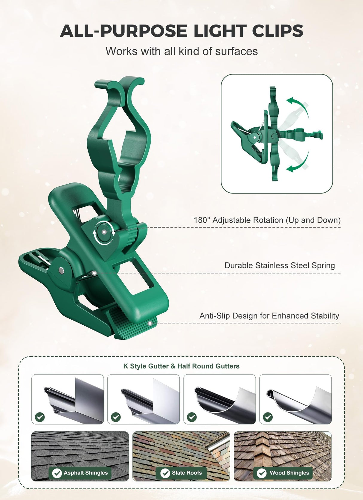 C7 C9 Christmas Lights Spring Clips, 100 Count Holiday Lights Quick Spring Clips, Shatterproof Shingle and Gutter Clips for E12, E17Socket, Rope Lights Roofline Fence Railing Mantel Christmas Trees