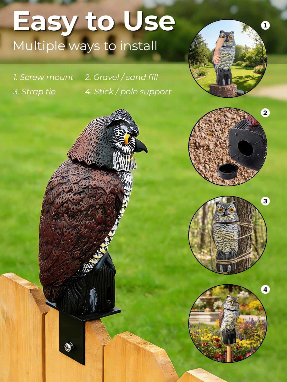 Pestvanish Garden Fake Owl Sculpture with 360° Rotating Head, Waterproof Moving Garden Owl, Outdoor Statue for Yard Patio Balcony Roof Barn Driveway