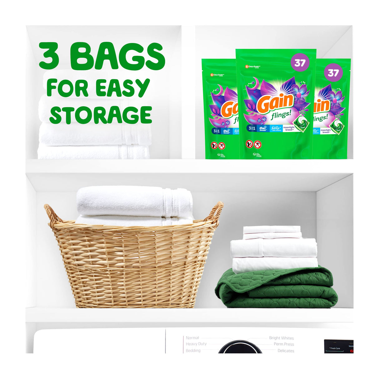 Gain Flings! 3-in-1 Laundry Detergent Soap Pods, Moonlight Breeze Scent, 3 Bag Value Pack, 111 Count, HE Compatible, 37 Count (Pack of 3)