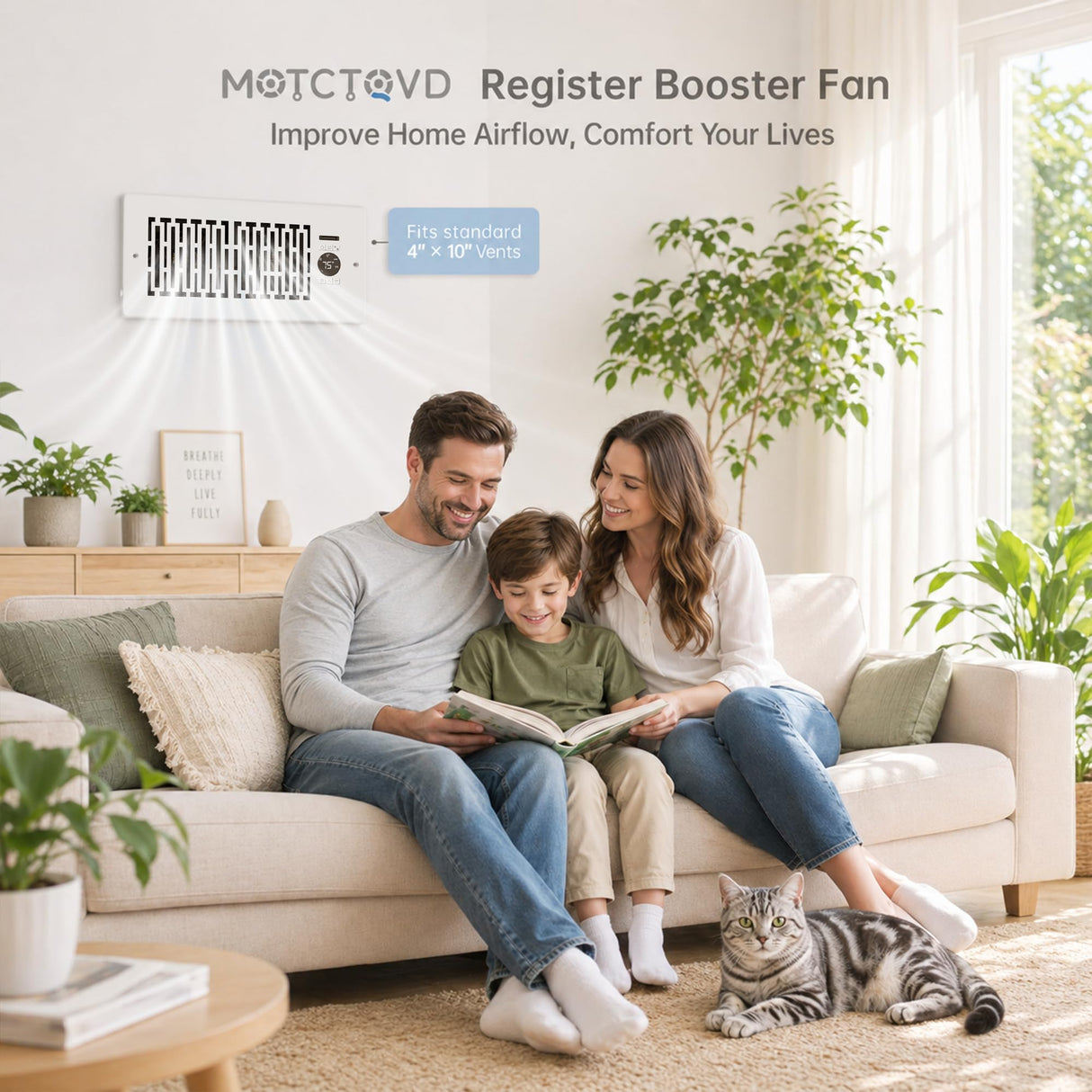 MOTCTQVD Smart Register Booster Fan for 4" x 10" Vents, Thermostat Control Improves Heating/Cooling, 10-Speed Quiet Vent Fan Booster with Remote Control for Floor or Wall Ducts