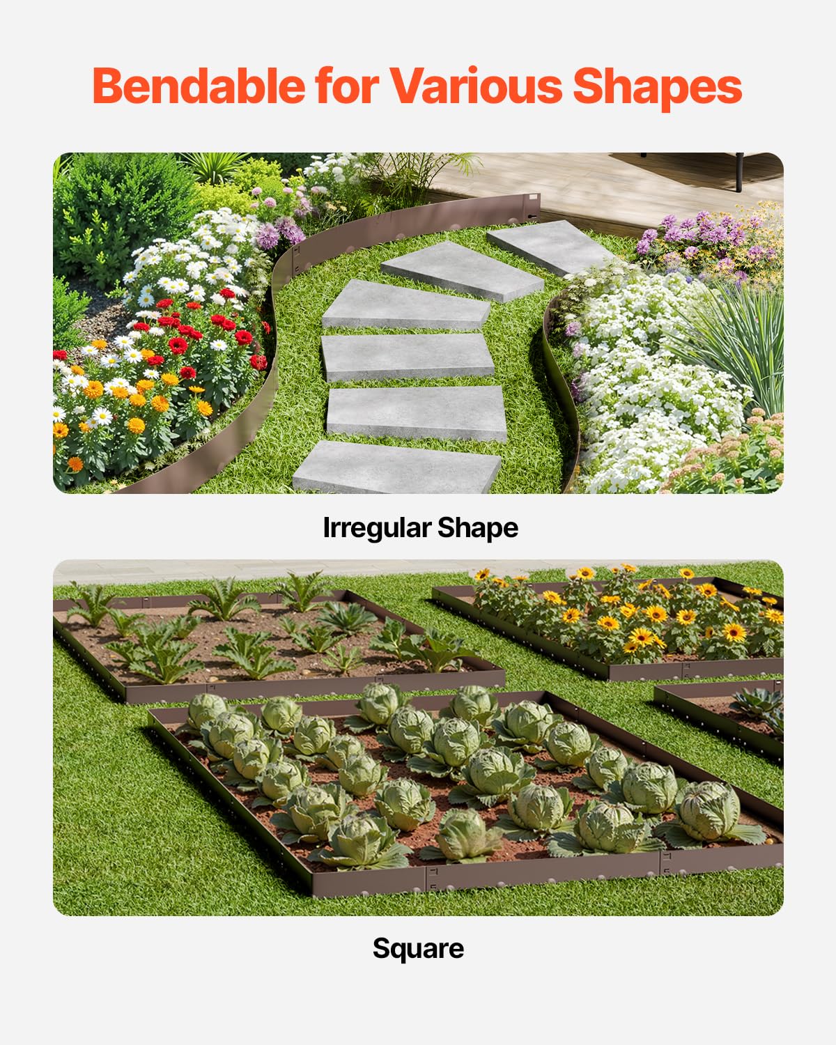 VEVOR Steel Landscape Edging, 5 Packs 39 x 3 in Rust-Resistant Metal Landscape Edging, Bendable Garden Edging Border, Heavy Duty Lawn Edging, Easy-to-Install, Flower Bed Yard Pathway Divider Brown