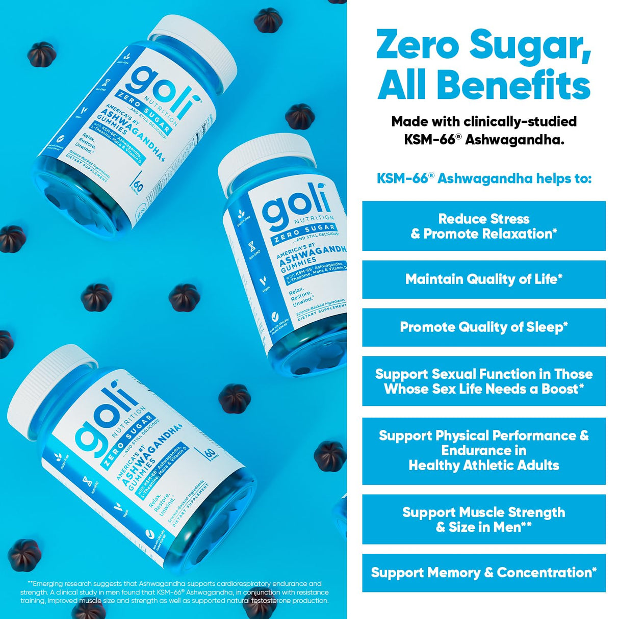 Goli Zero Sugar Ashwagandha & Vitamin D, Maca, L-Theanine Gummies, No Artificial Sweeteners, No Sugar Alcohols. Mixed Berry, KSM-66, Vegan, Plant Based, Non-GMO, Gluten-Free & Gelatin Free. (3)