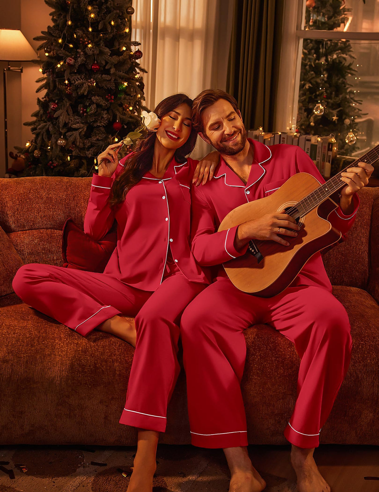 Ekouaer Men's Pajama Set Winter Long Pjs Couples Adults Christmas Sleepwear Lightweight 100% Cotton Lounge Set,Red,XL