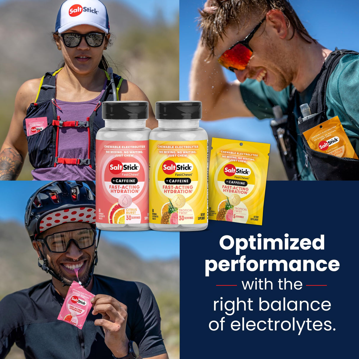 SaltStick Chewable Electrolytes with Caffeine - 60 Tropical Twist Electrolyte Energy Tablets - Just Chew It, Electrolyte Energy Chews for Hydration - 60 Count