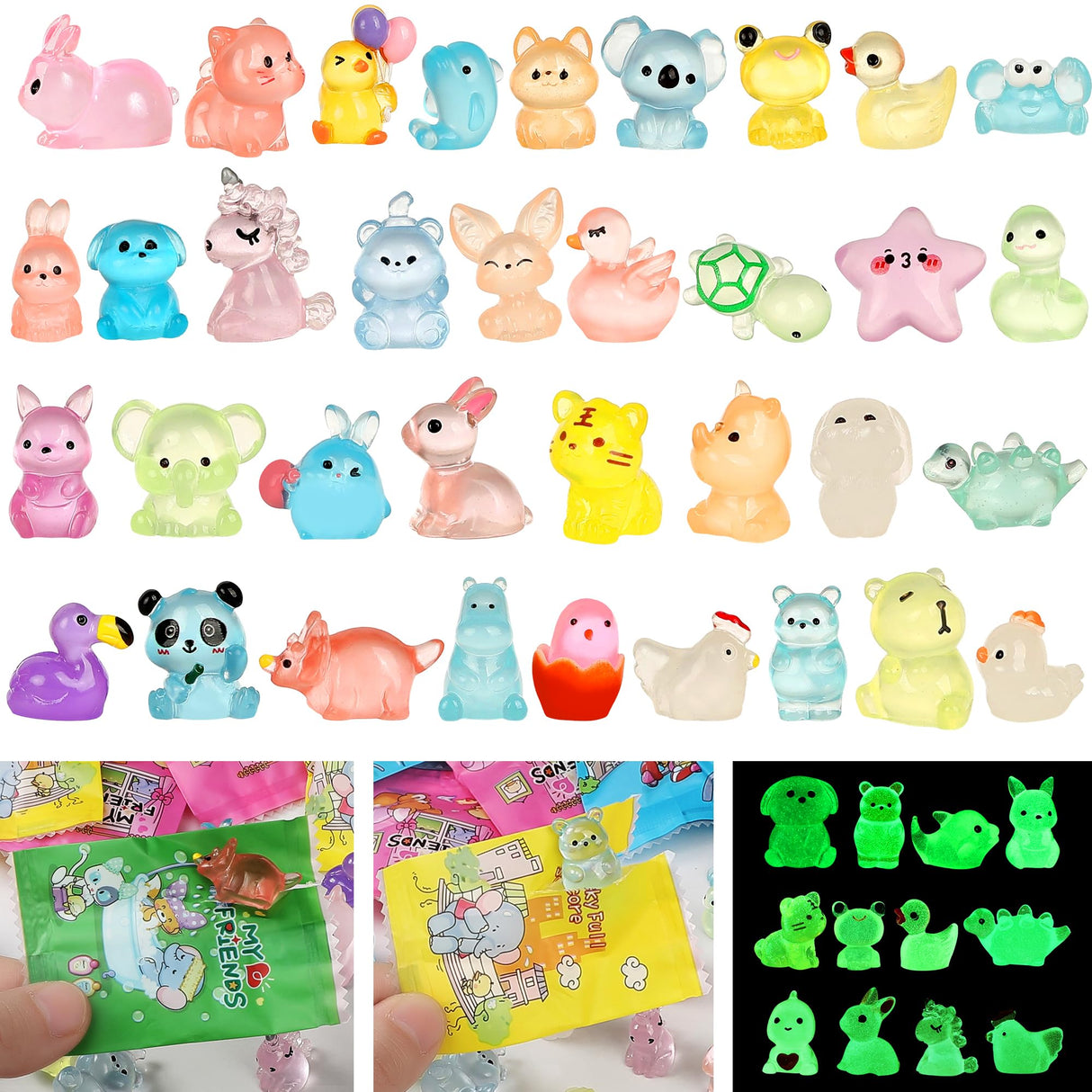 EKisemio 120 Pcs Mystery Bags Mini Resin Animals Glow in the Dark, Blind Bags Luminous Animals Figures Variety Pack for Dollhouse Accessories Fairy Garden Surprise Collectible Figurines Desk Pets