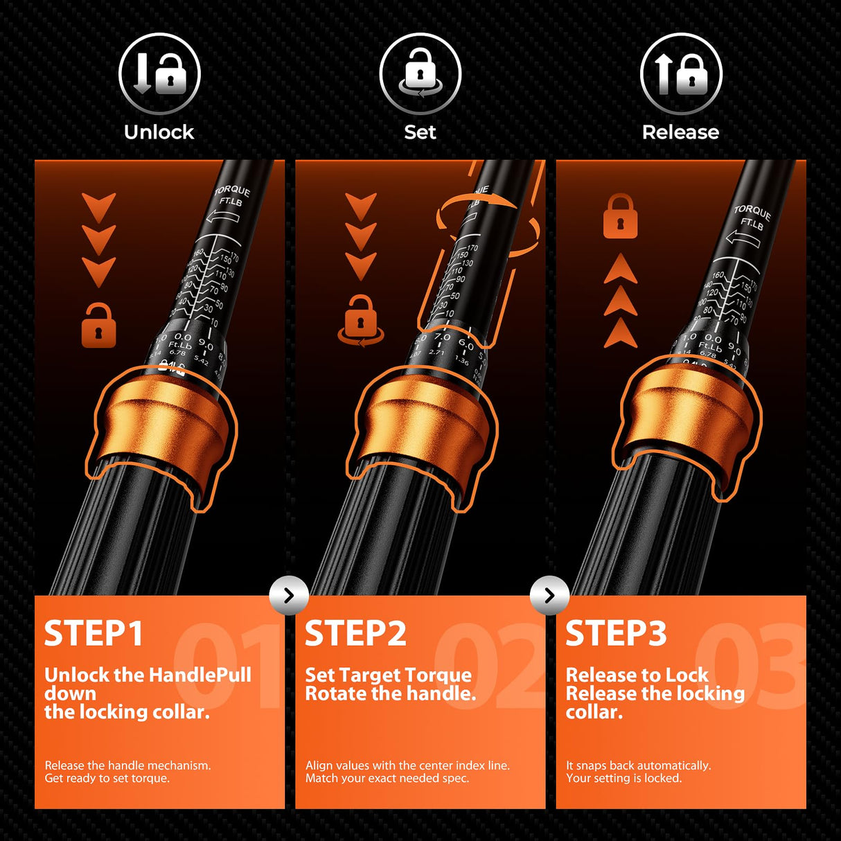 SUZUME 3PCS Torque Wrench Set 72 Teeth Dual-Direction Adjustable Torque Wrench Dual-Scales 1/4 & 3/8 & 1/2-Inch ±3% Accuracy Click Torque Wrenches for Bicycle, Motorcycle, Car,Maintenance