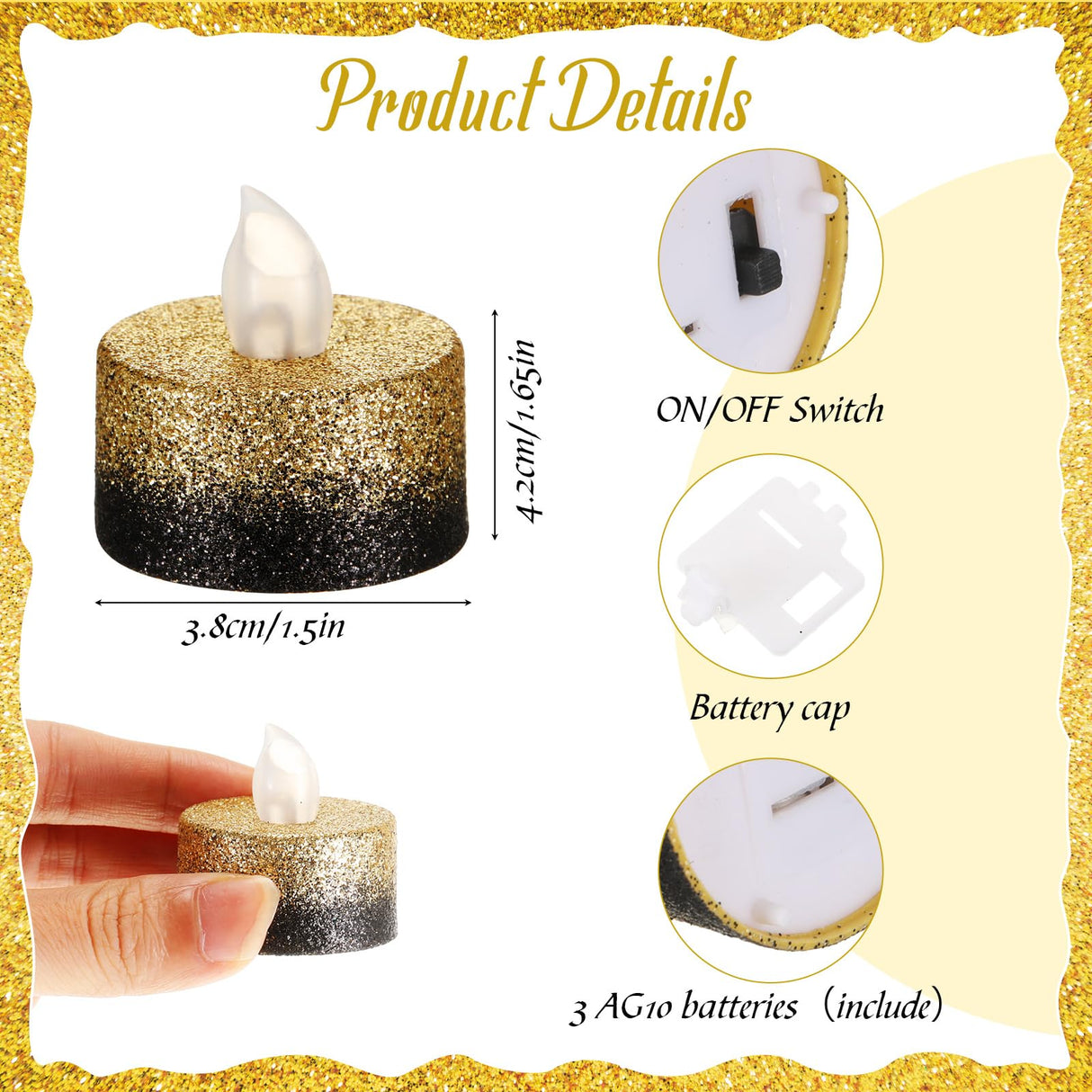 Retisee 48 Pcs Flameless LED Tea Lights Gold Black Glitter Electric Fake Candles for Centerpieces Battery Operated Anniversary Decorations Romantic Winter Decor for Wedding Festival Christmas Birthday