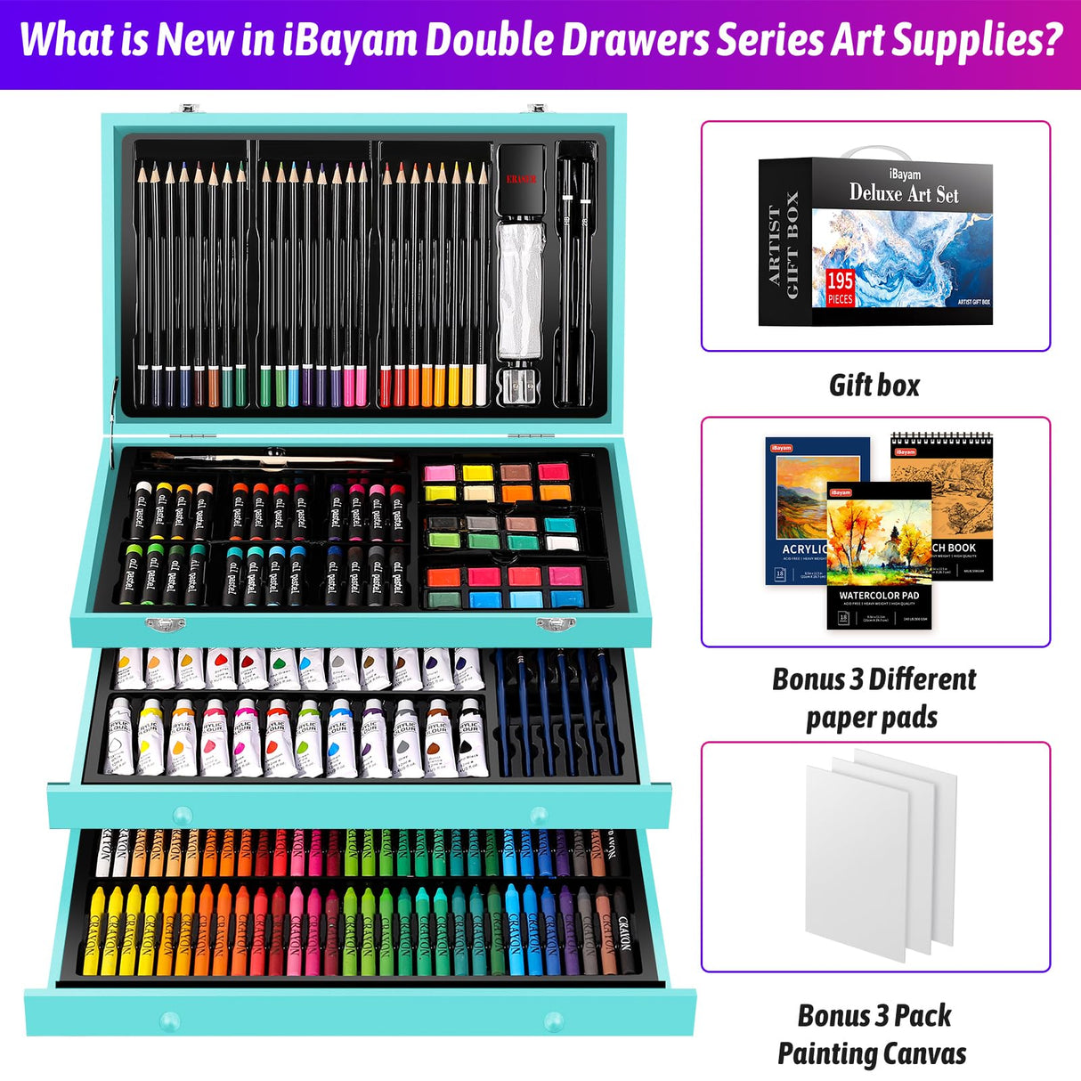 iBayam Arts and Crafts Kits for Kids Teens Girls Boys Adult, 195-Pack Deluxe Art Set Box with 3 PCS Drawing Pads, Canvases, Acrylic Painting, Drawing & Art Supplies for Pumpkin, Halloween, Christmas