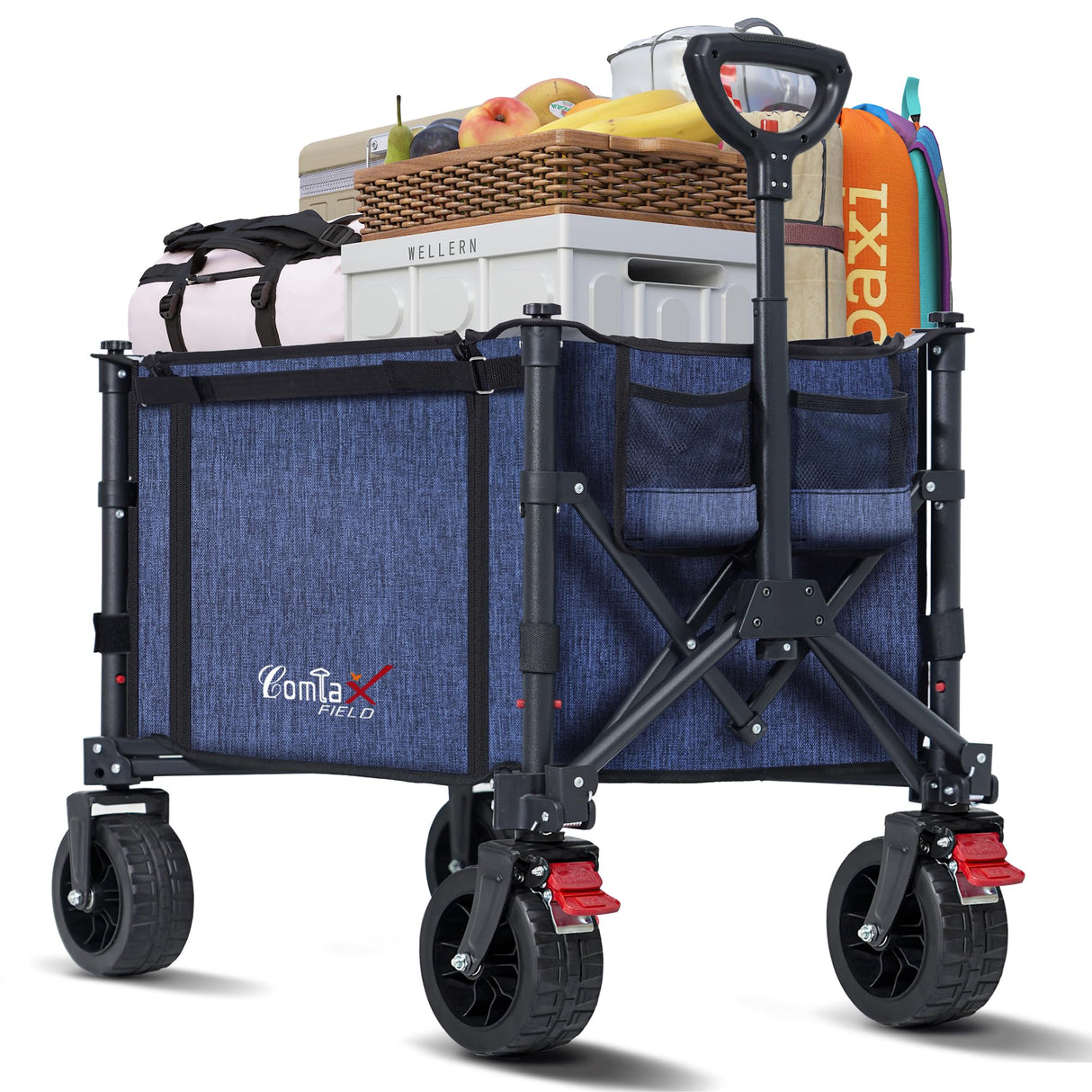 COMLAX FIELD Collapsible Wagon Cart Foldable with Big Wheels Brakes, 250lbs Folding Utility Lightweight Garden Wagon, Portable Grocery Cart for Camping Shopping Sports Pets, Blue