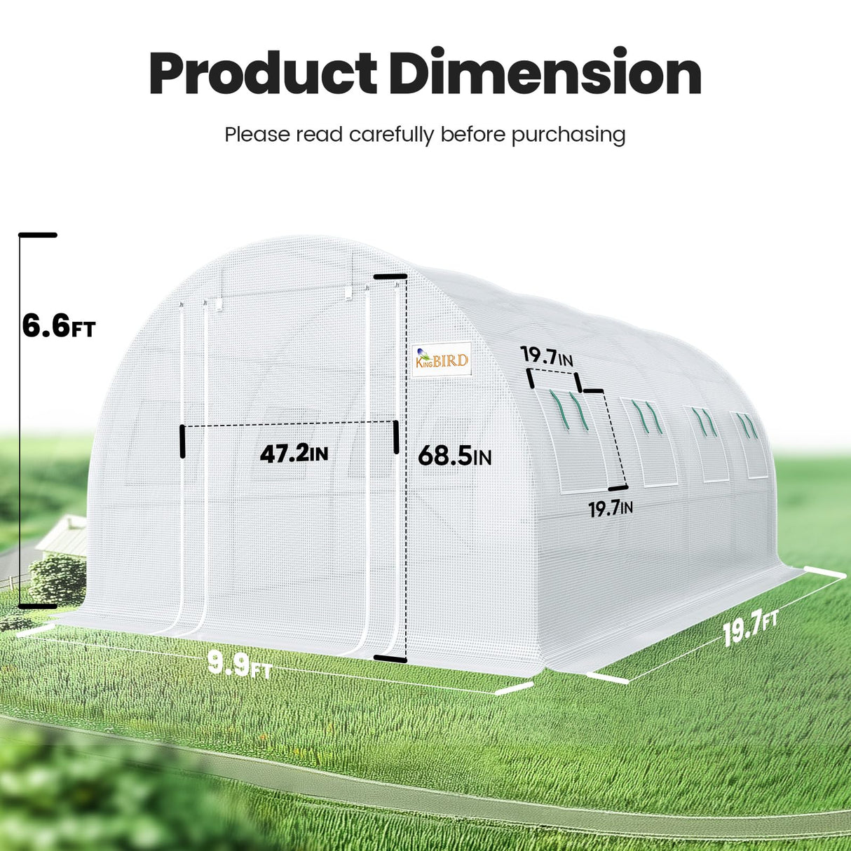 KING BIRD Premium 20x10x6.6FT Greenhouse for Outdoors, Large Walk-in Upgraded Galvanized Metal Frame, Mesh Door Screen Window Improved Zipper Tunnel Hoop for Garden Plant Winter, 2 Stiffeners, White