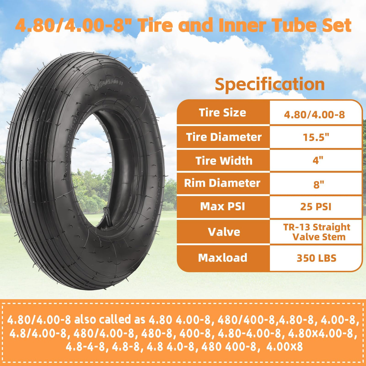 RRQ (1-Set) 4.80/4.00-8" Tire and Inner Tube Set, Fit 4.00-8 Pneumatic Tire